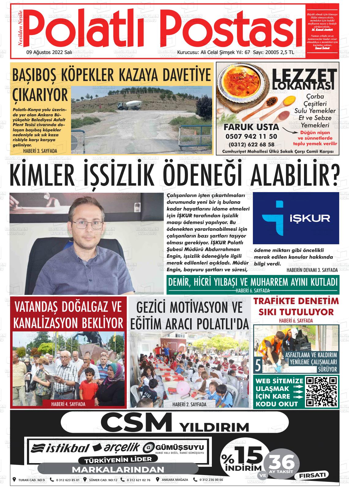 09 Ağustos 2022 Polatlı Postası Gazete Manşeti