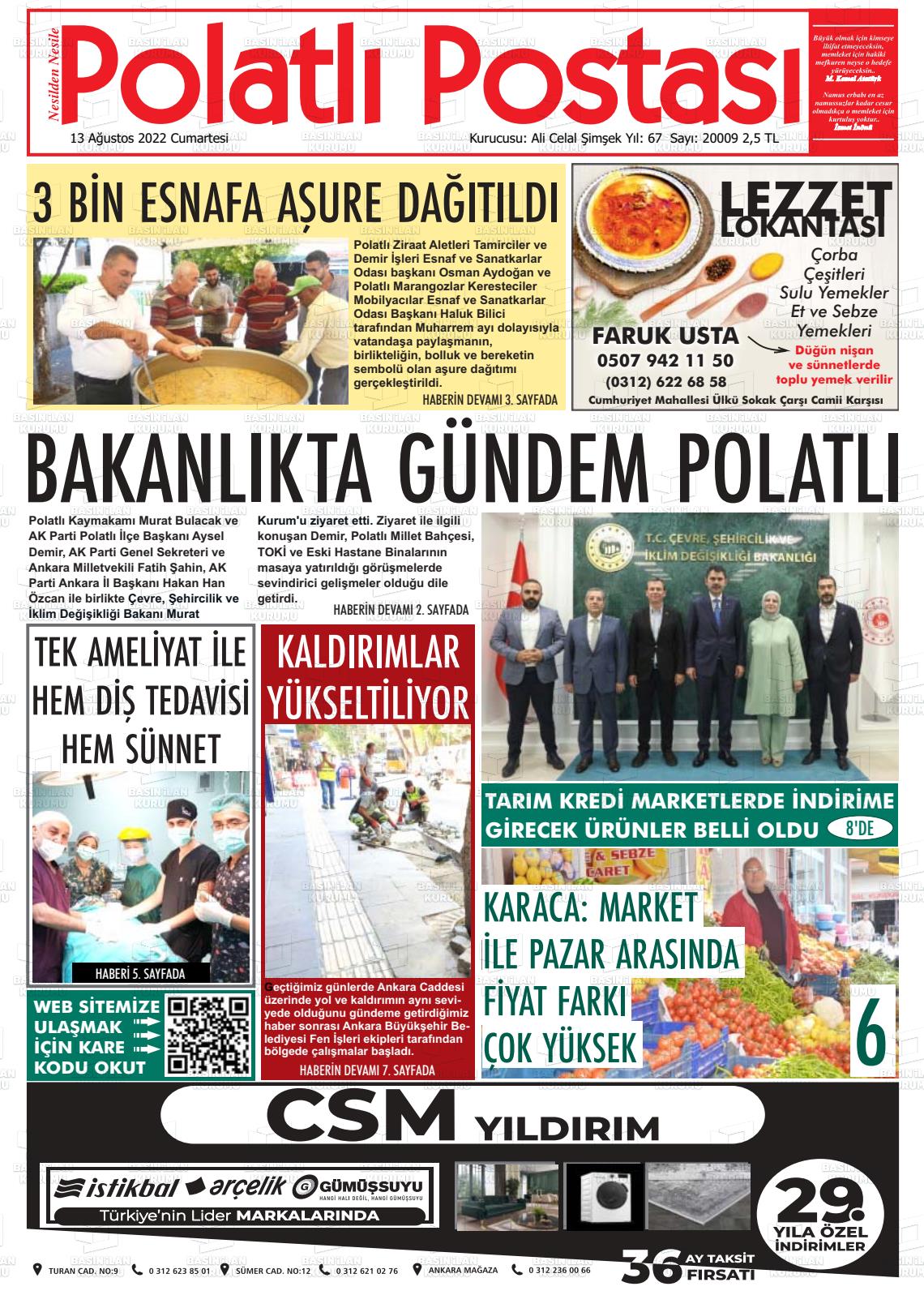 13 Ağustos 2022 Polatlı Postası Gazete Manşeti