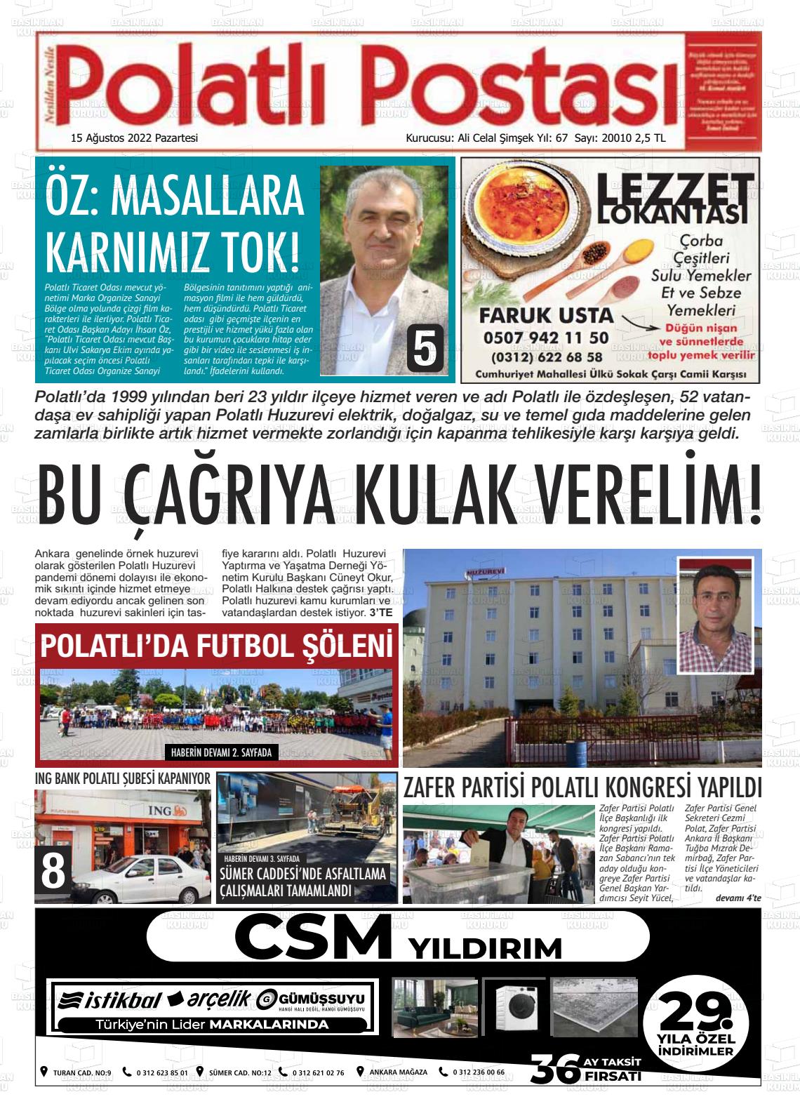 15 Ağustos 2022 Polatlı Postası Gazete Manşeti