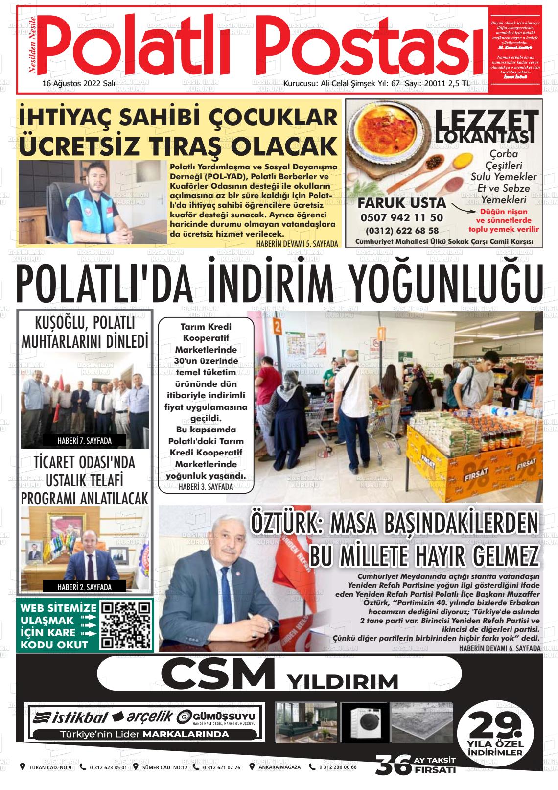 16 Ağustos 2022 Polatlı Postası Gazete Manşeti