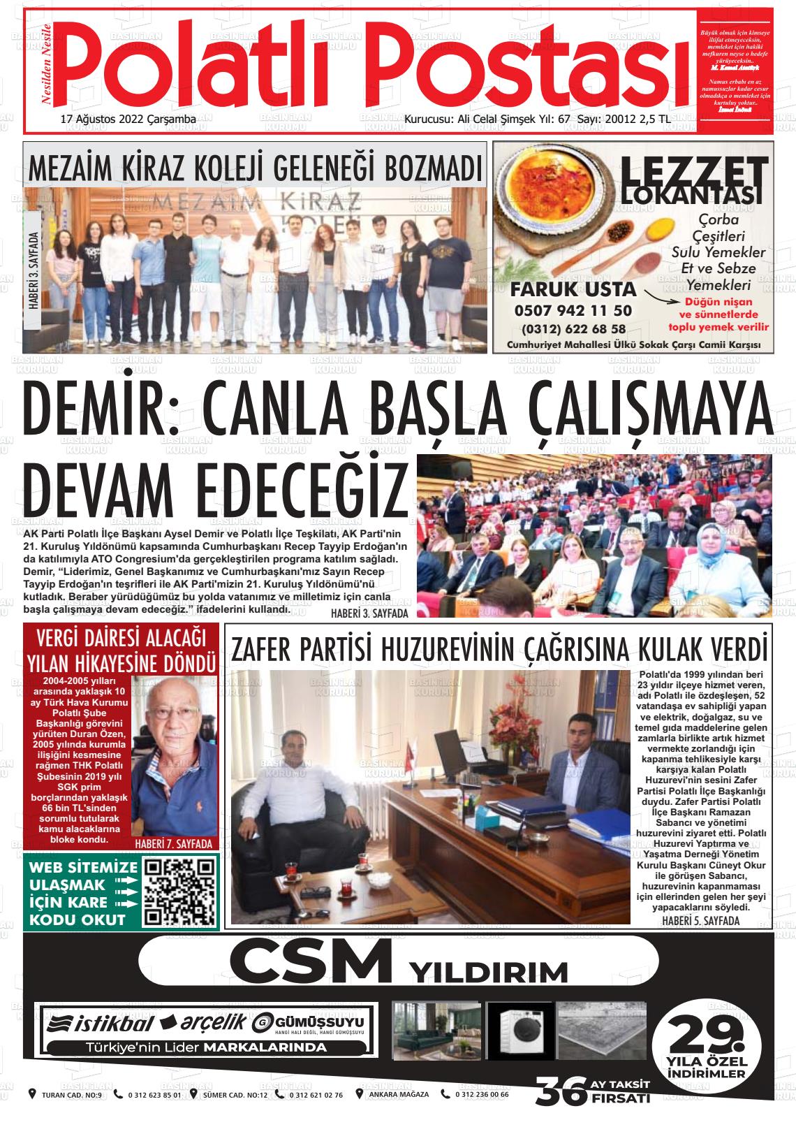 17 Ağustos 2022 Polatlı Postası Gazete Manşeti
