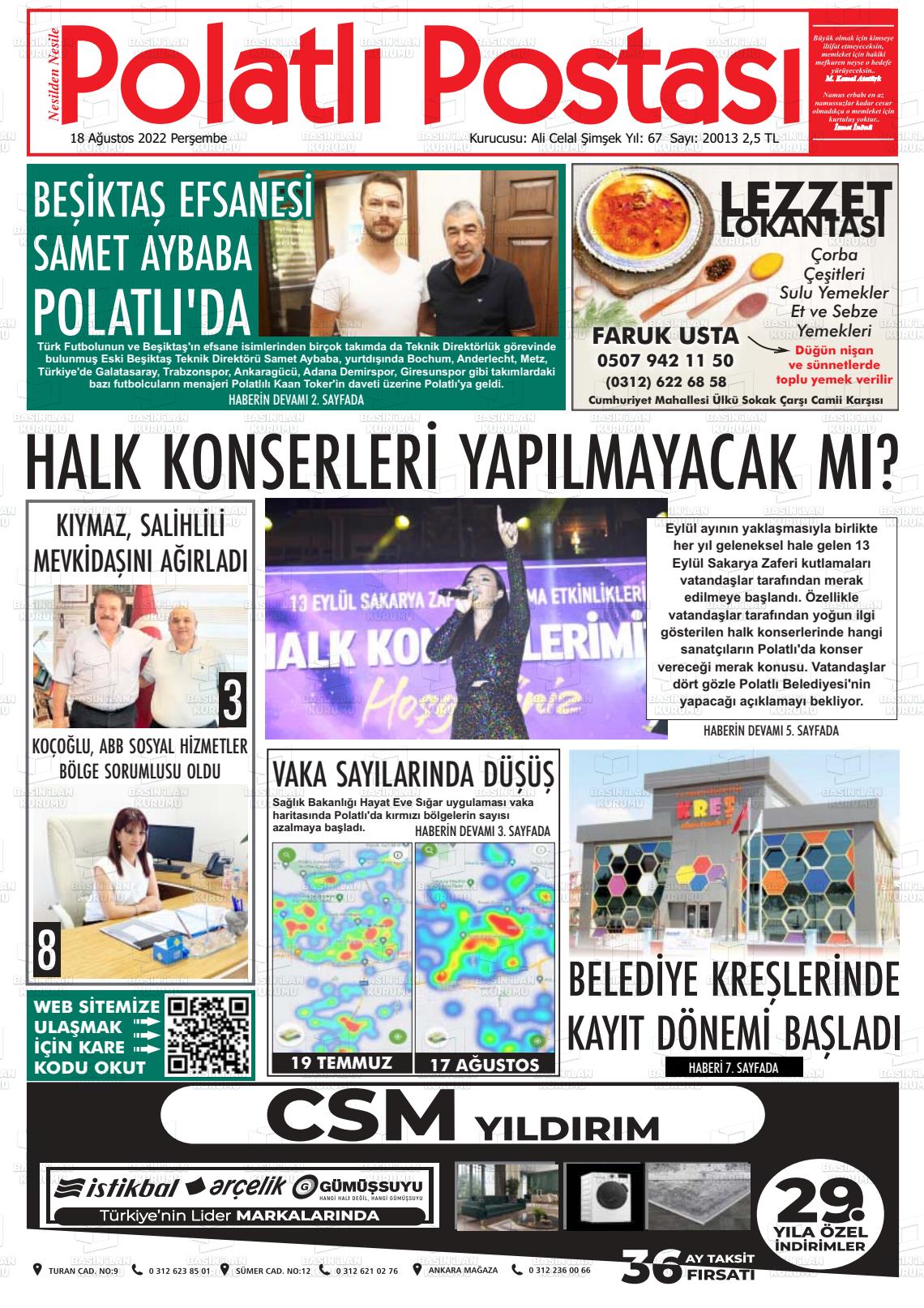 18 Ağustos 2022 Polatlı Postası Gazete Manşeti