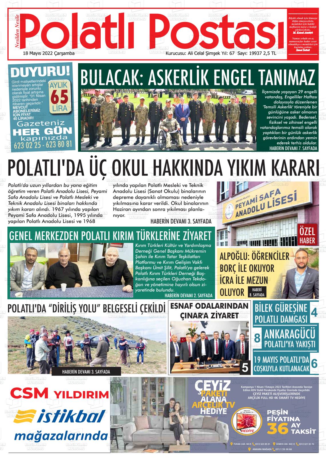 18 Mayıs 2022 Polatlı Postası Gazete Manşeti