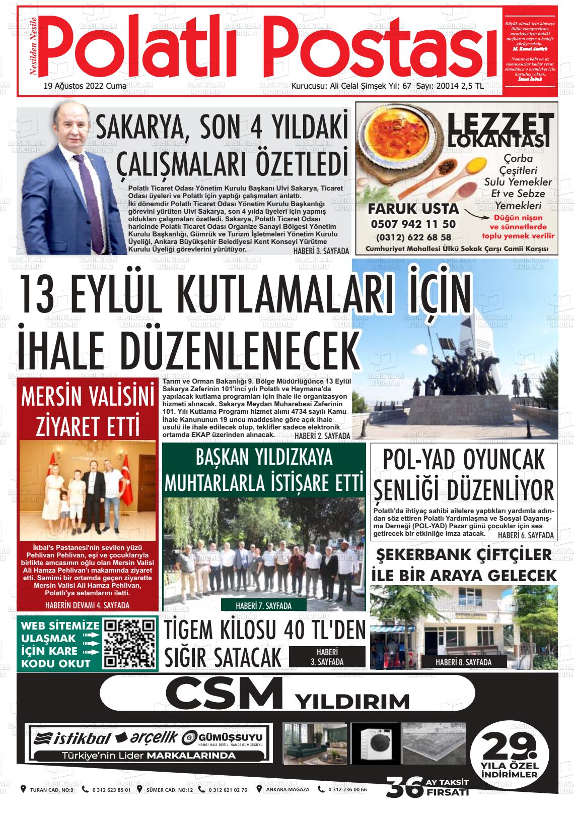 19 Ağustos 2022 Polatlı Postası Gazete Manşeti