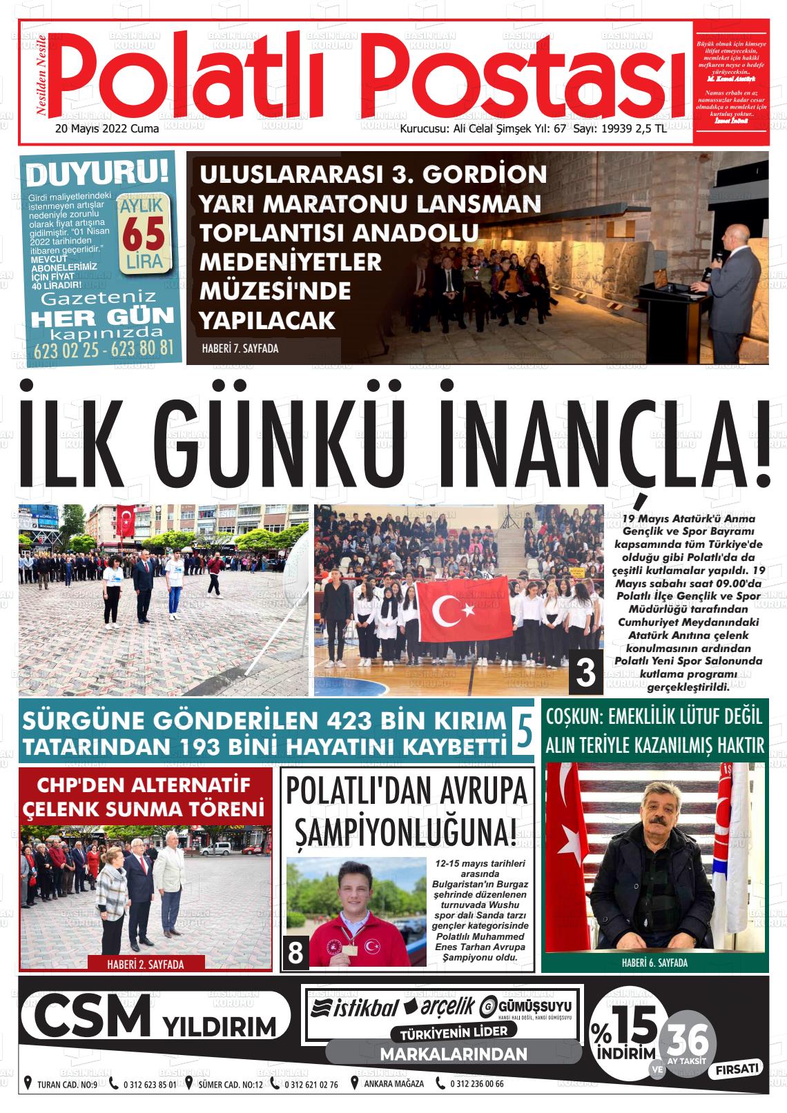 20 Mayıs 2022 Polatlı Postası Gazete Manşeti