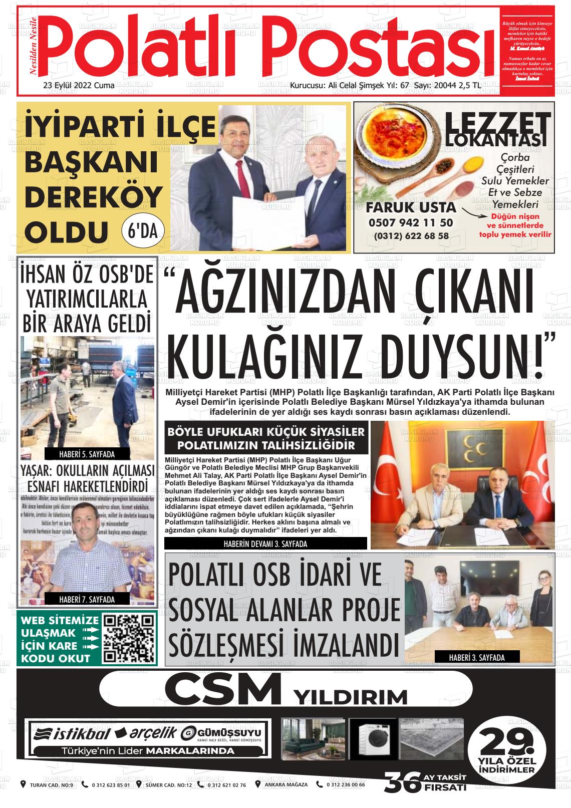 23 Eylül 2022 Polatlı Postası Gazete Manşeti