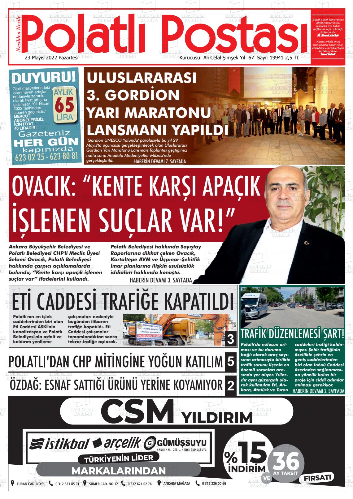 23 Mayıs 2022 Polatlı Postası Gazete Manşeti