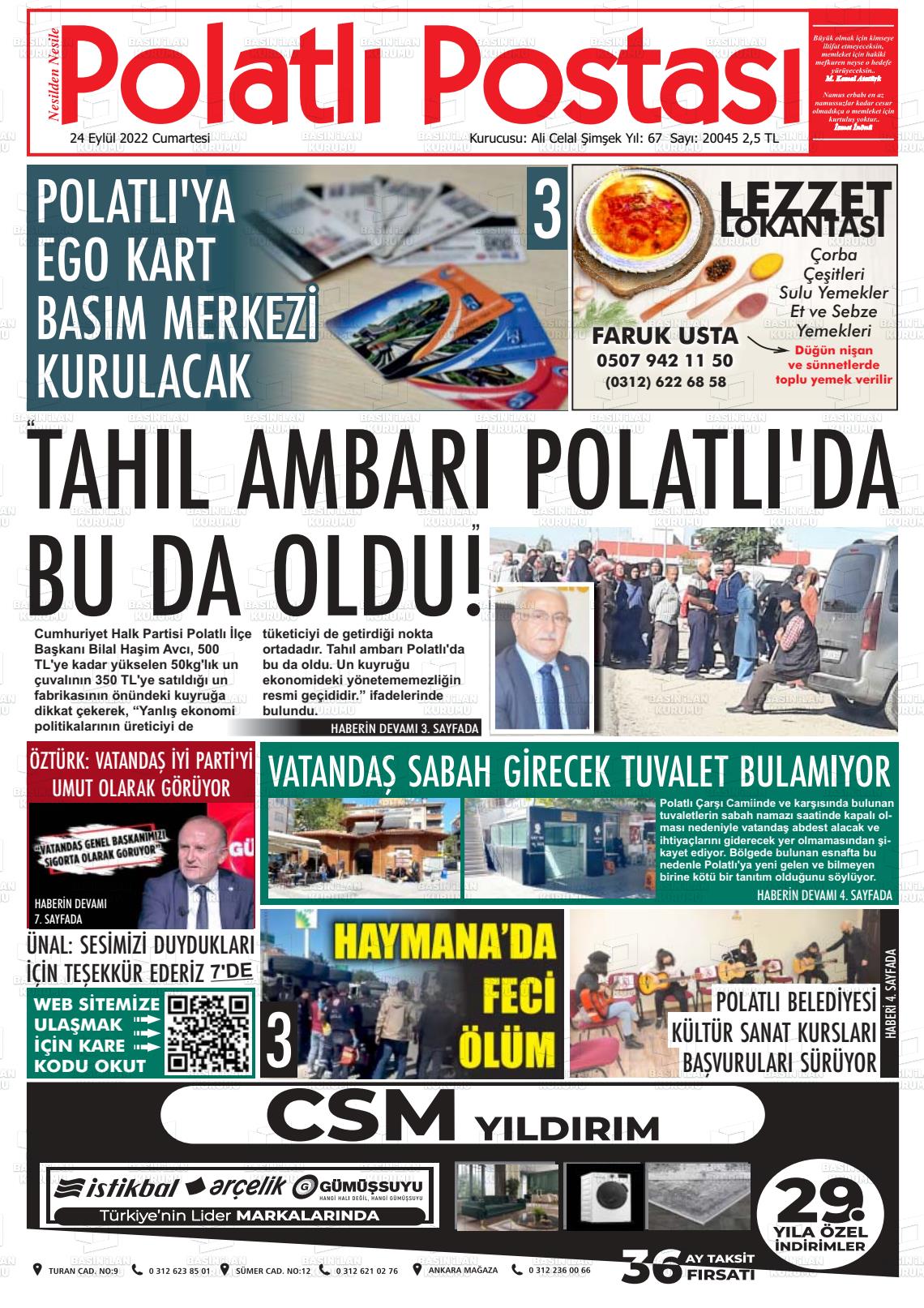 24 Eylül 2022 Polatlı Postası Gazete Manşeti