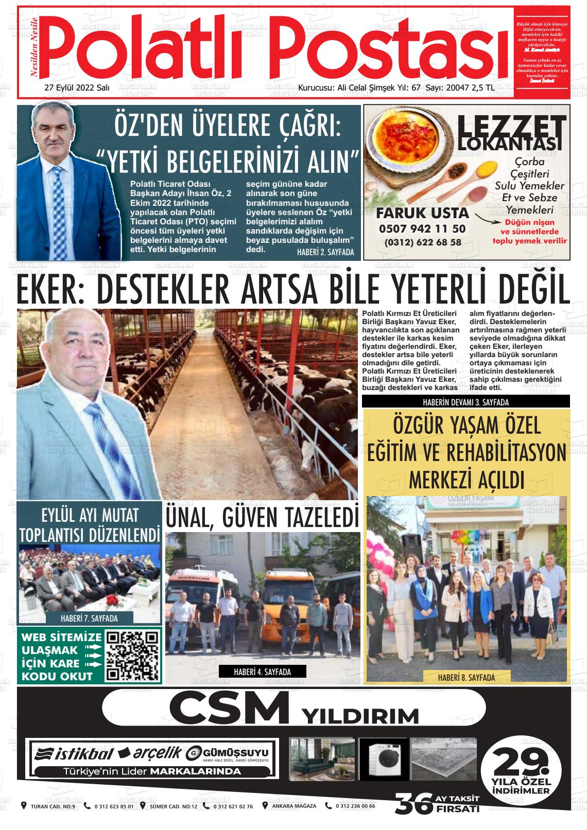 27 Eylül 2022 Polatlı Postası Gazete Manşeti