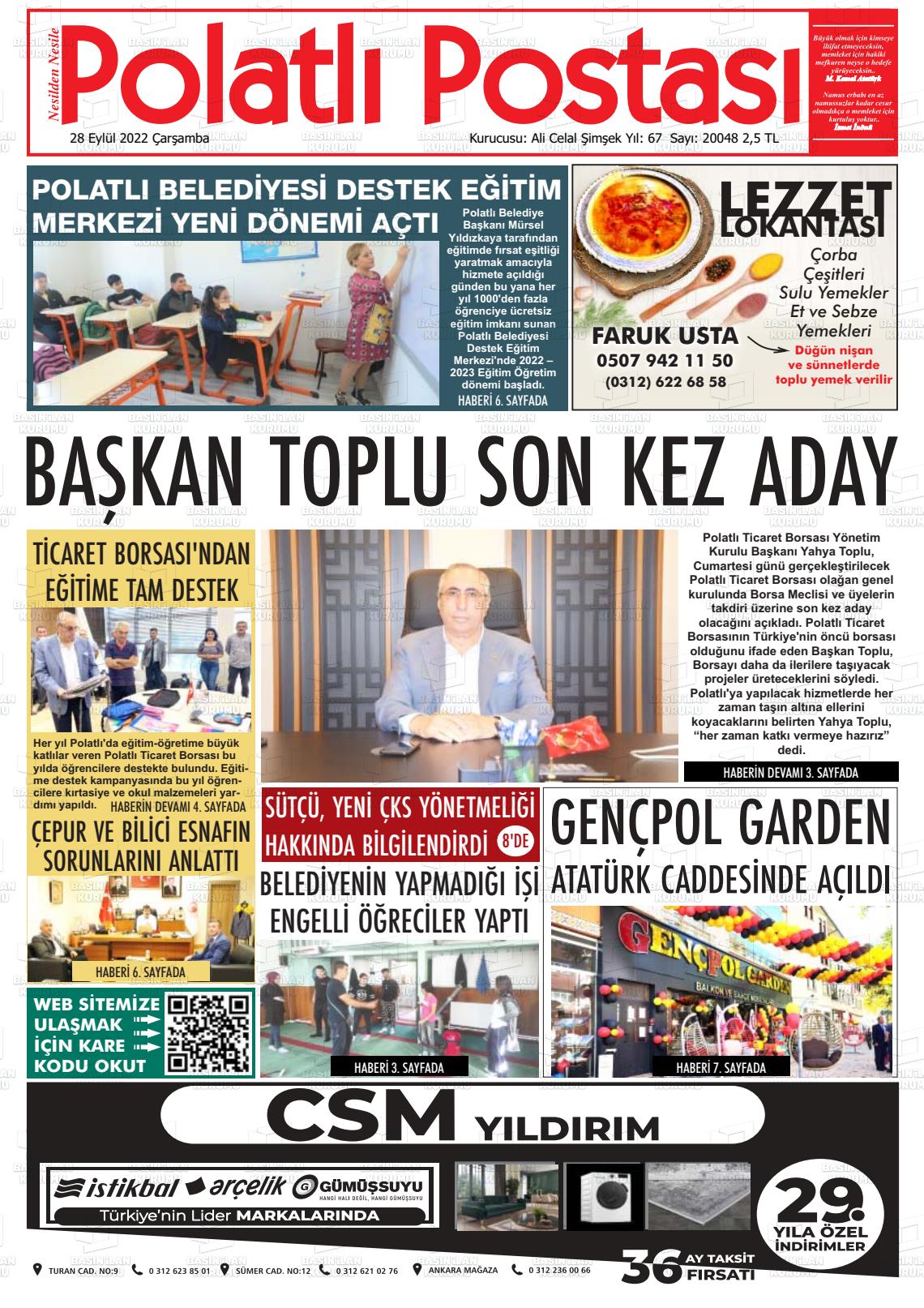 28 Eylül 2022 Polatlı Postası Gazete Manşeti