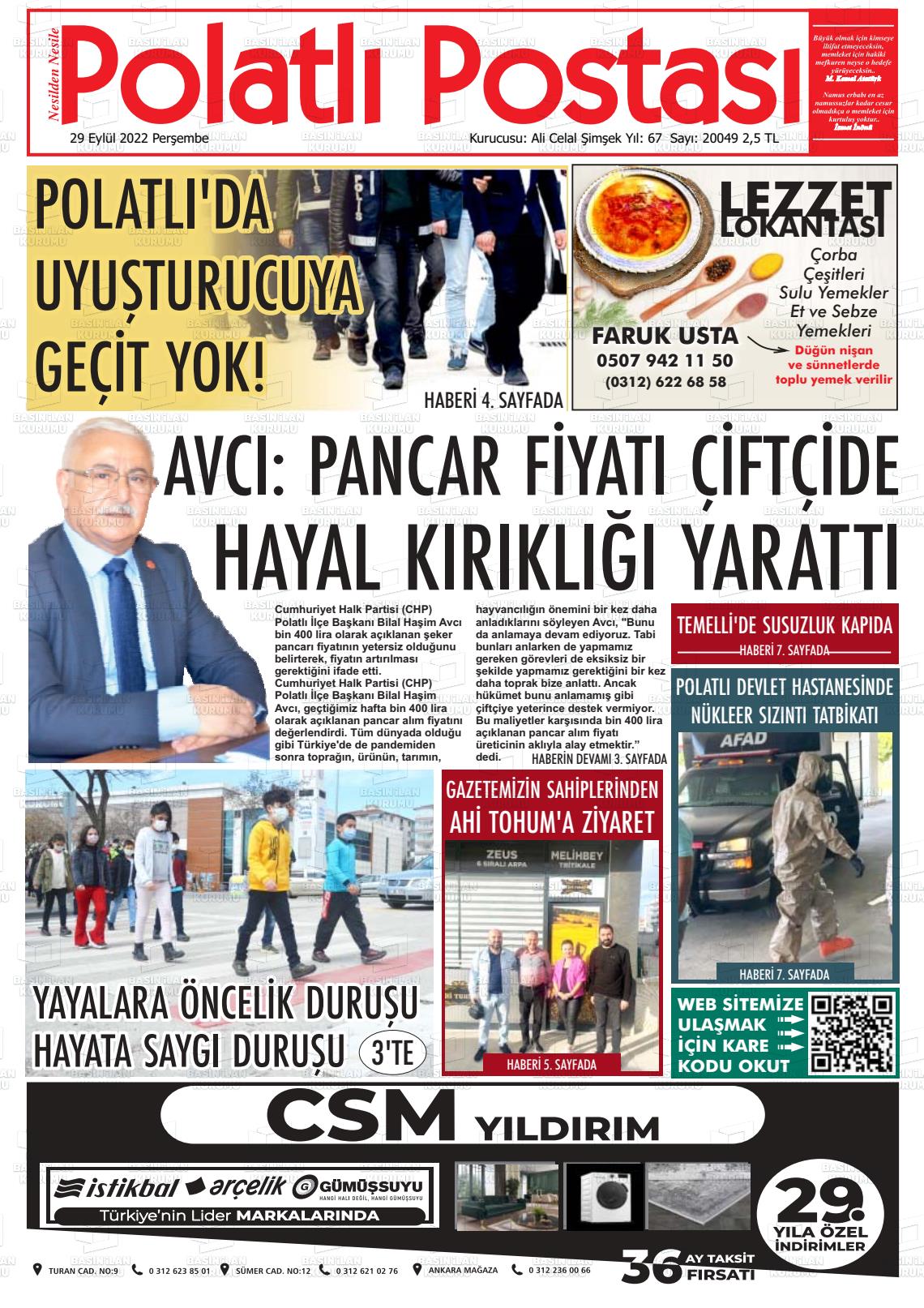 29 Eylül 2022 Polatlı Postası Gazete Manşeti