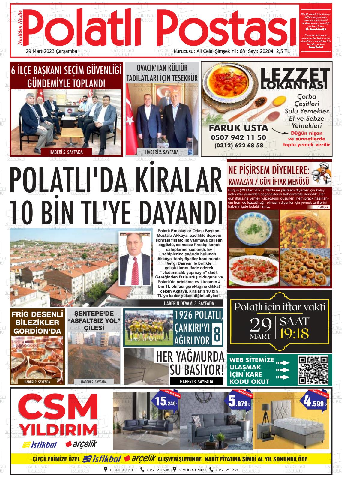 29 Mart 2023 Polatlı Postası Gazete Manşeti