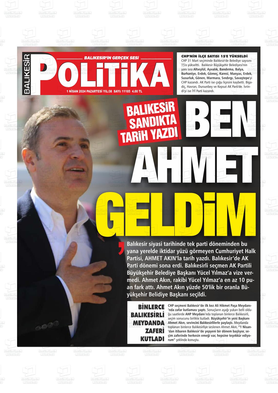 01 Nisan 2024 Balıkesir Politika Gazete Manşeti