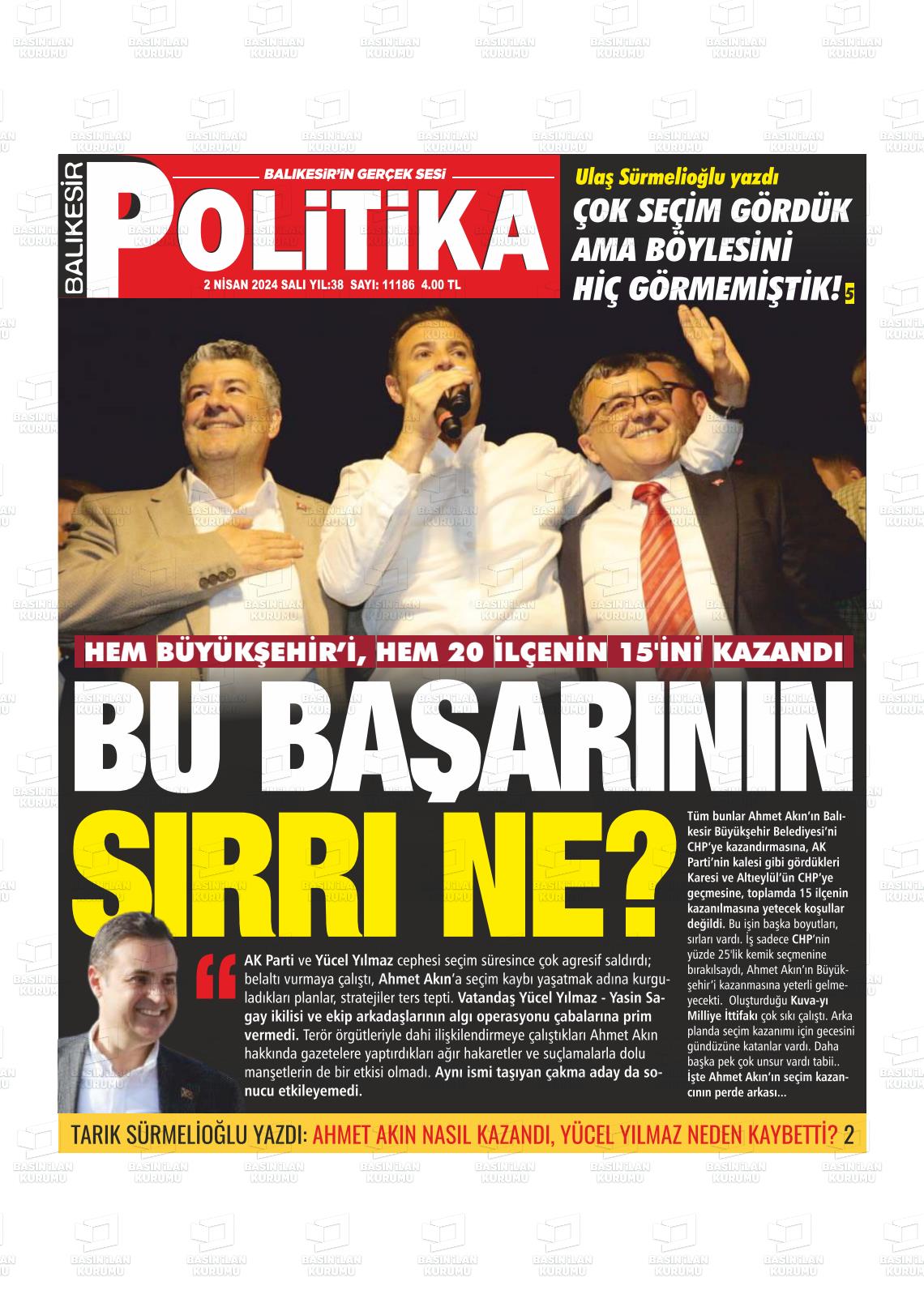 02 Nisan 2024 Balıkesir Politika Gazete Manşeti