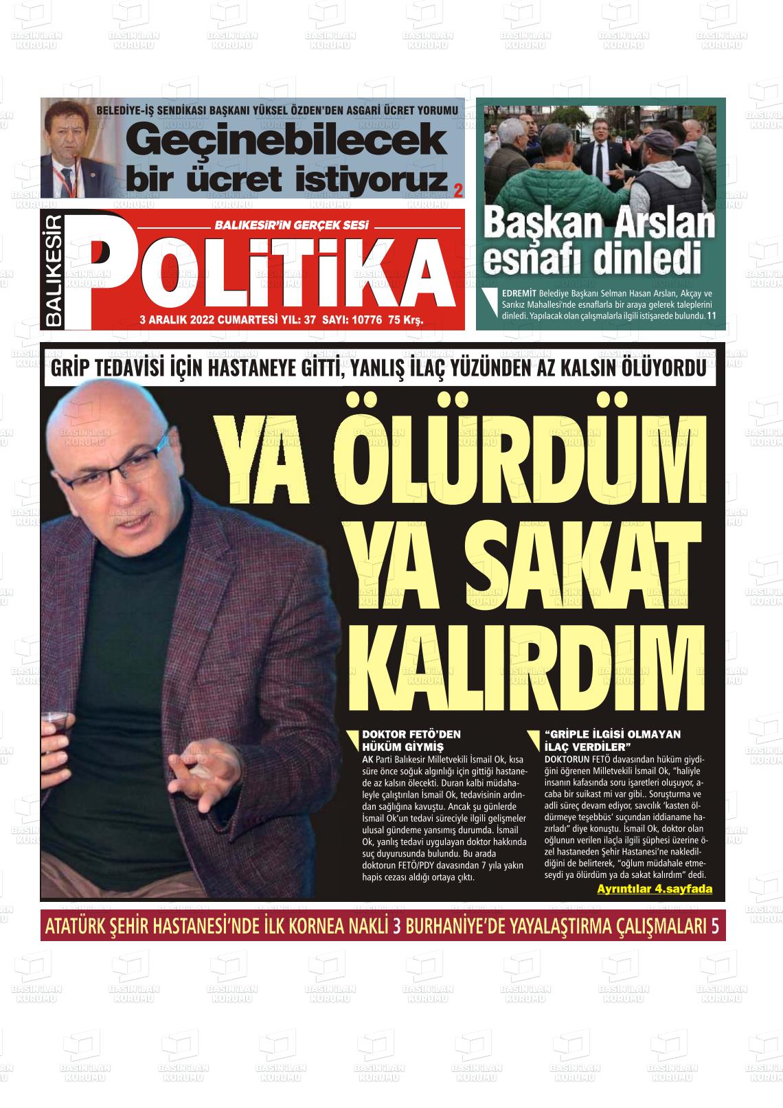 03 Aralık 2022 Balıkesir Politika Gazete Manşeti