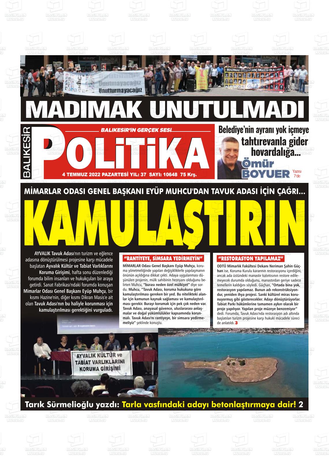 04 Temmuz 2022 Balıkesir Politika Gazete Manşeti