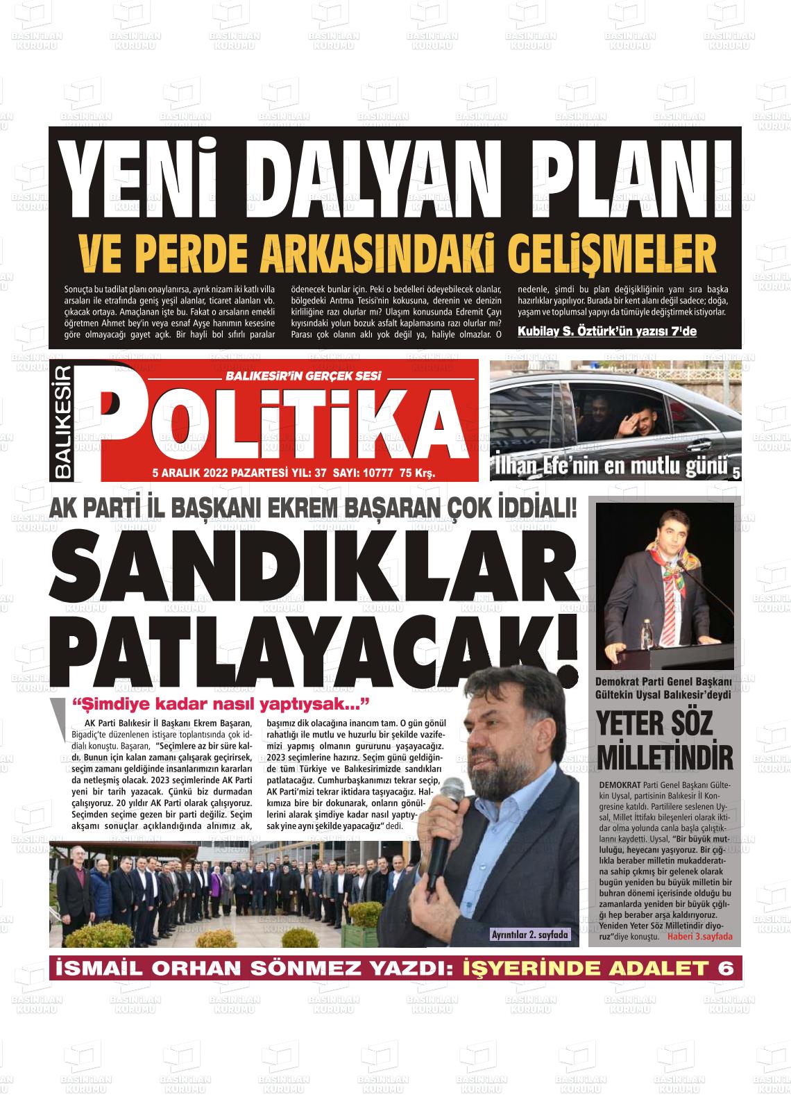 05 Aralık 2022 Balıkesir Politika Gazete Manşeti