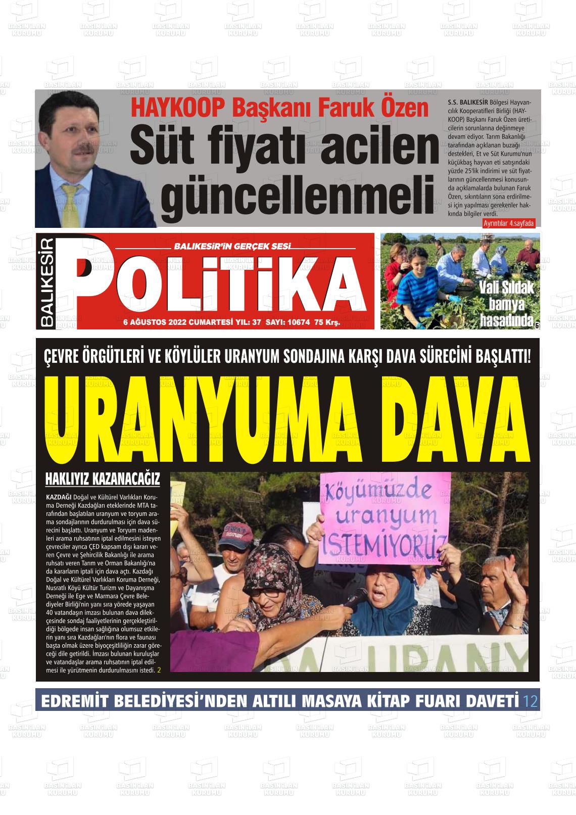 06 Ağustos 2022 Balıkesir Politika Gazete Manşeti