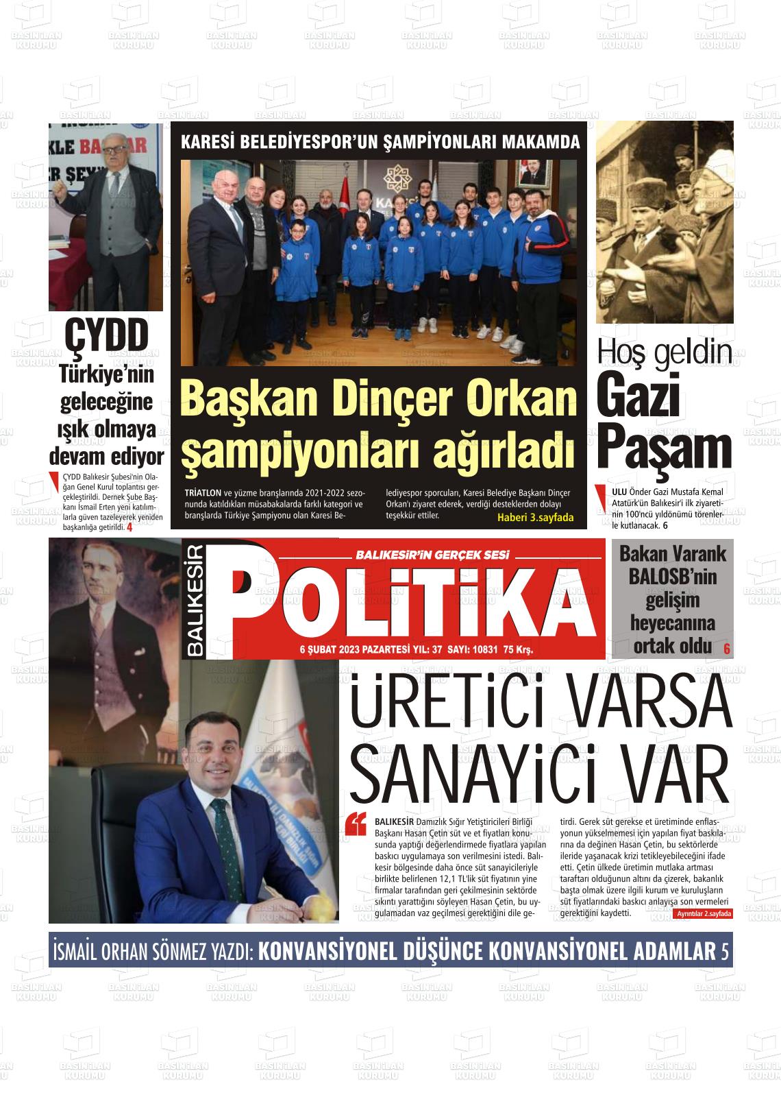 06 Şubat 2023 Balıkesir Politika Gazete Manşeti