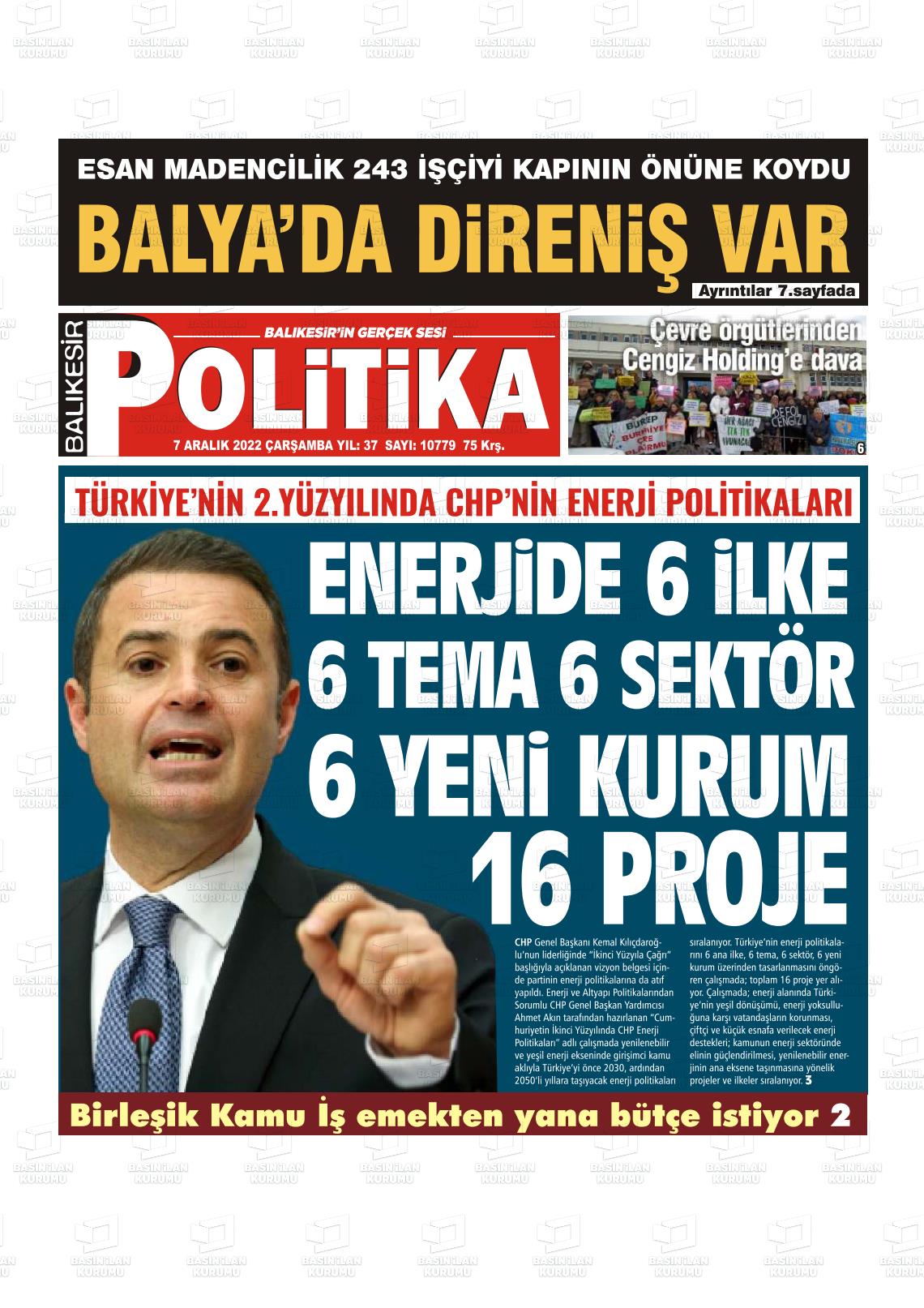 07 Aralık 2022 Balıkesir Politika Gazete Manşeti
