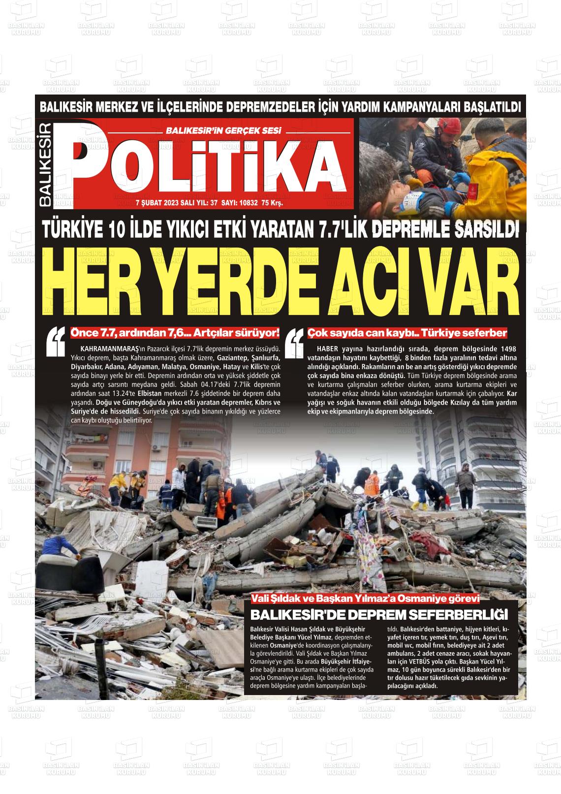 07 Şubat 2023 Balıkesir Politika Gazete Manşeti
