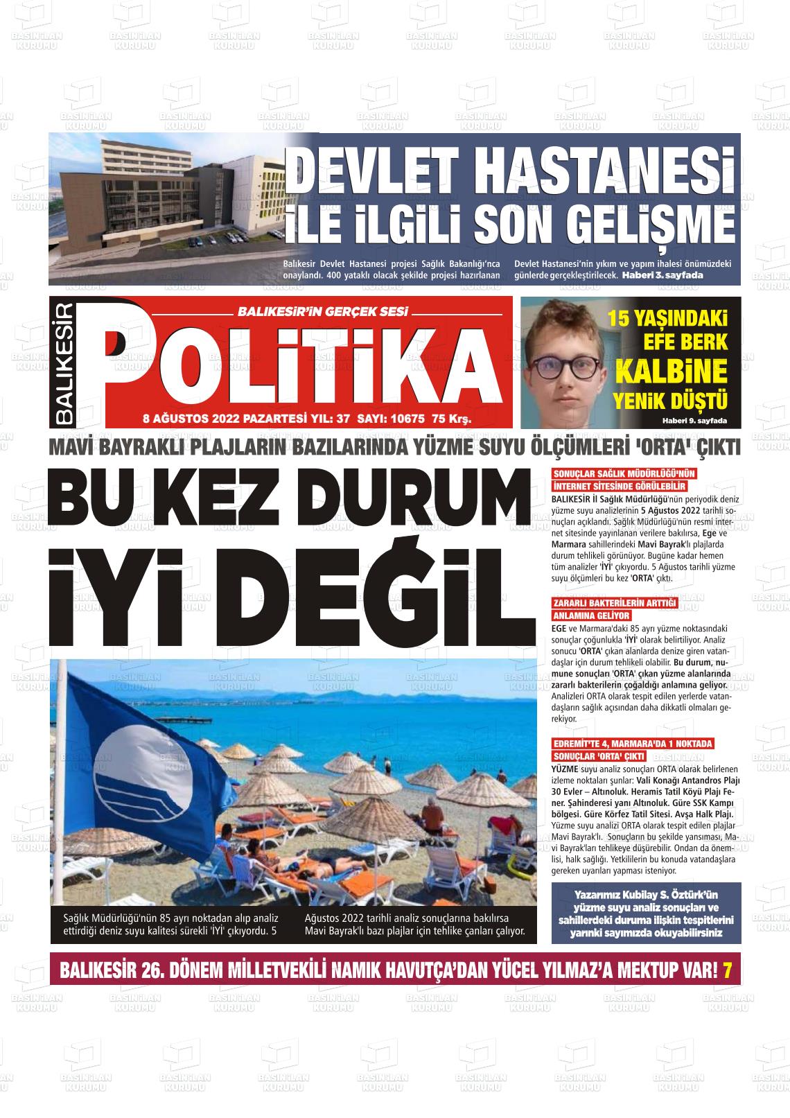 08 Ağustos 2022 Balıkesir Politika Gazete Manşeti