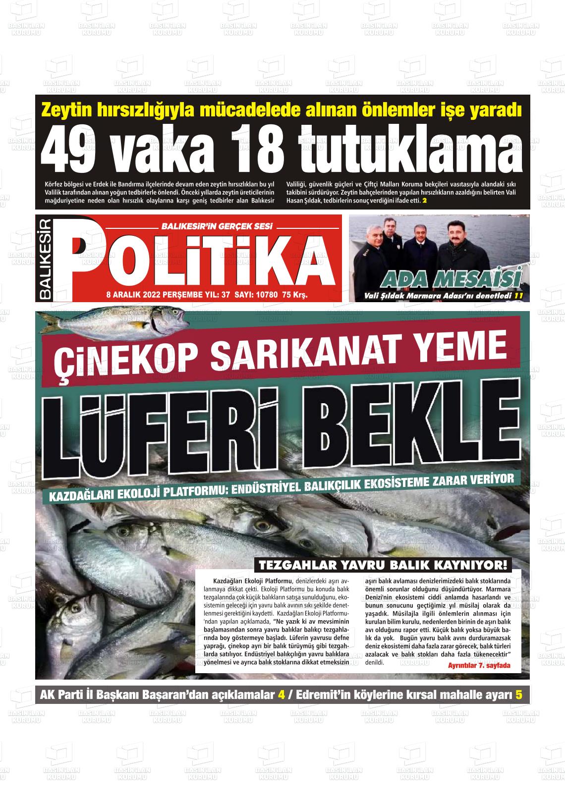 08 Aralık 2022 Balıkesir Politika Gazete Manşeti