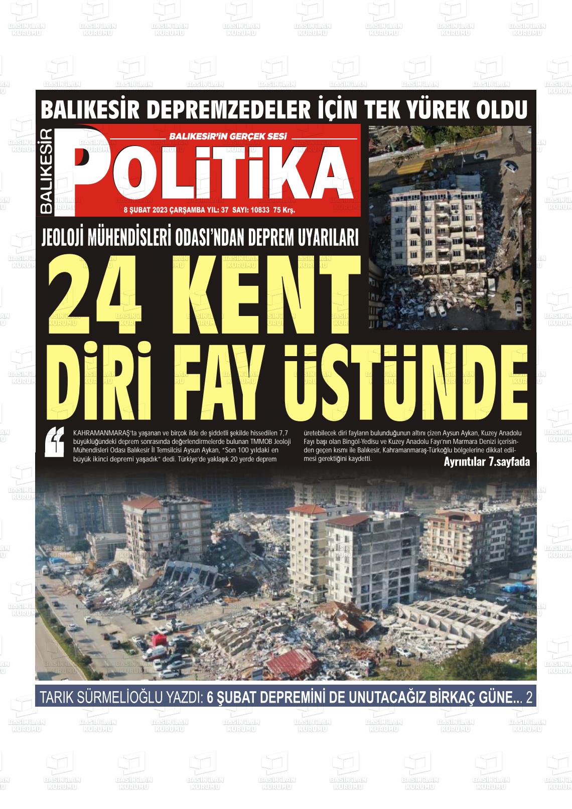 08 Şubat 2023 Balıkesir Politika Gazete Manşeti