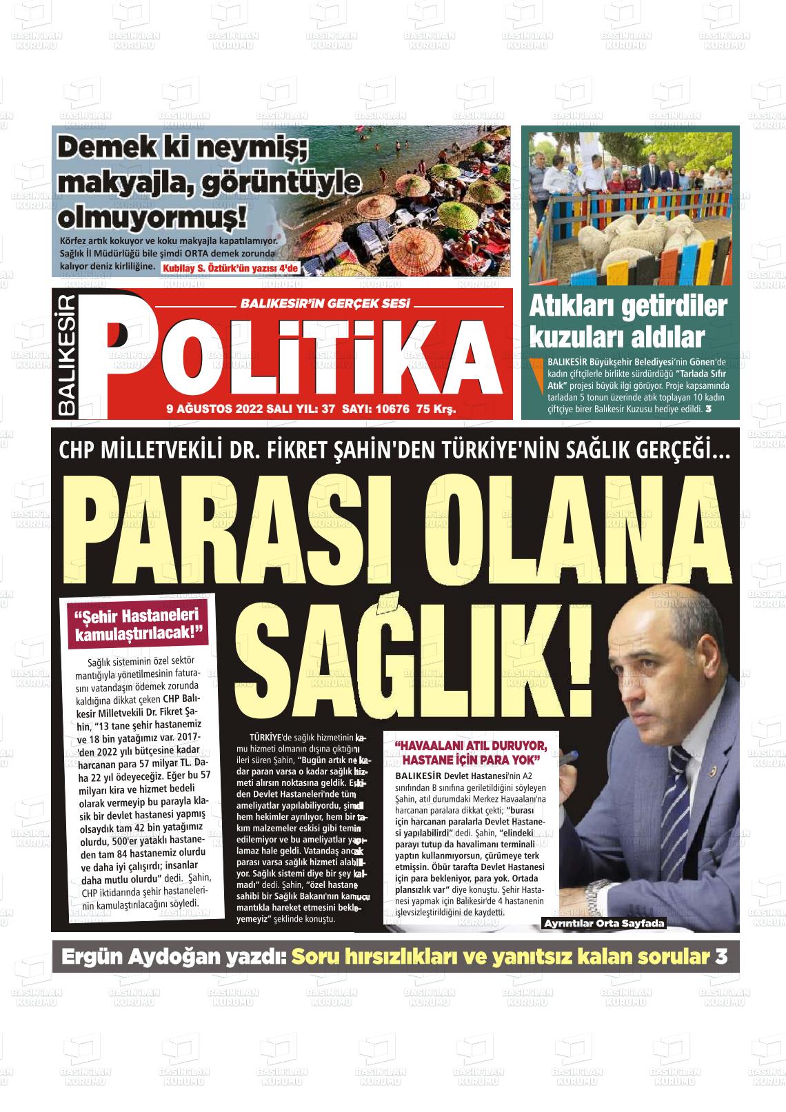 09 Ağustos 2022 Balıkesir Politika Gazete Manşeti