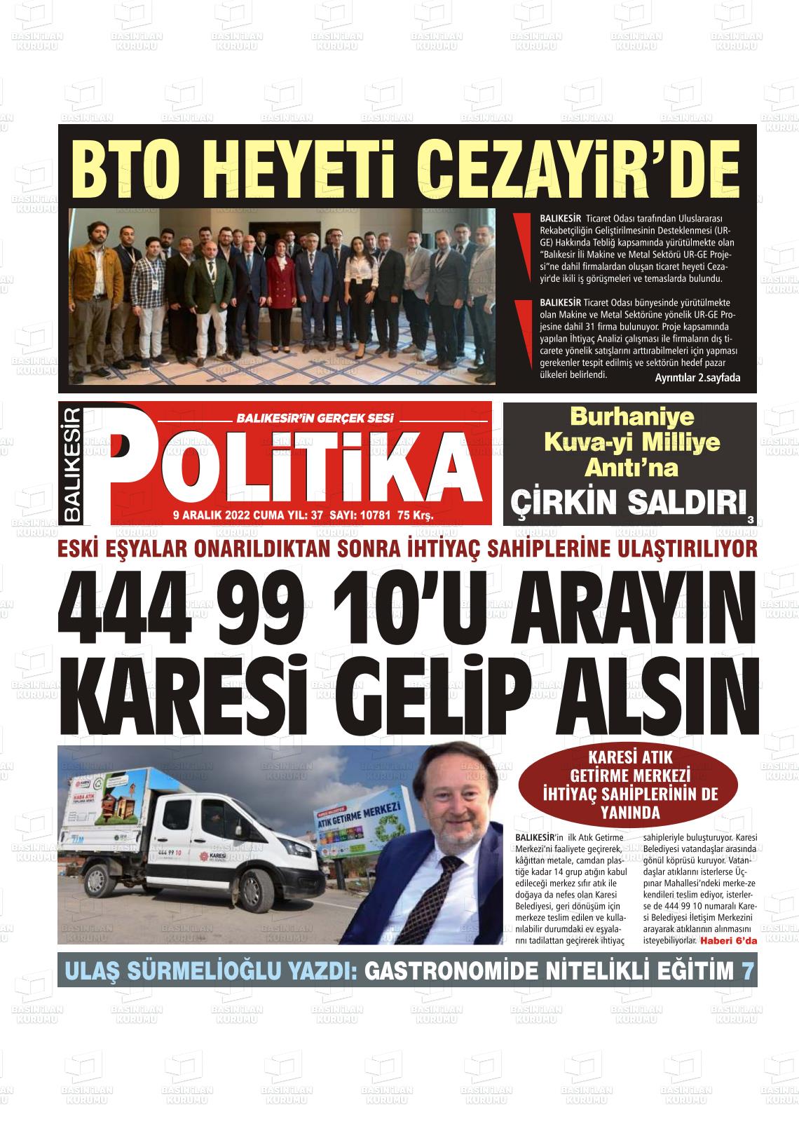 09 Aralık 2022 Balıkesir Politika Gazete Manşeti