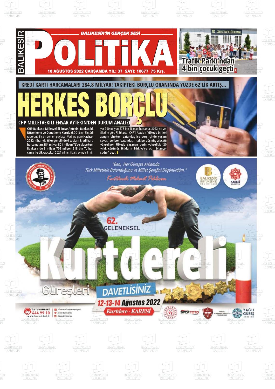 10 Ağustos 2022 Balıkesir Politika Gazete Manşeti