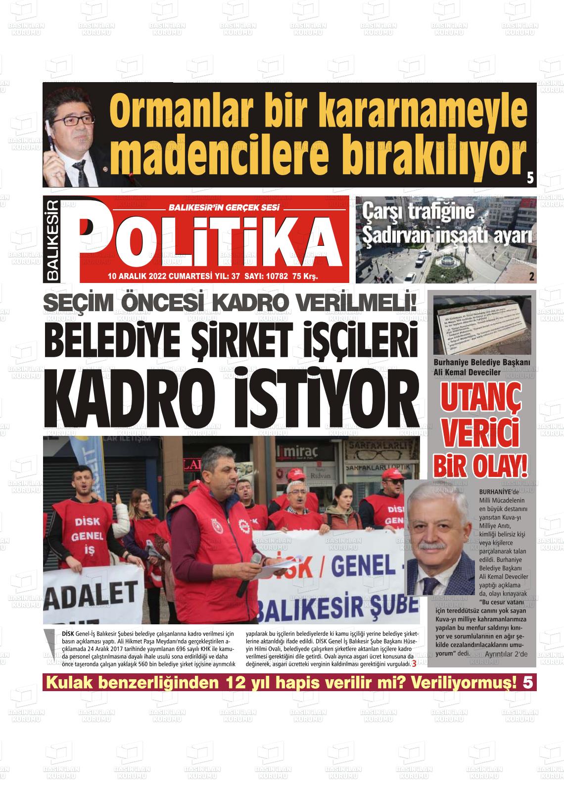 10 Aralık 2022 Balıkesir Politika Gazete Manşeti