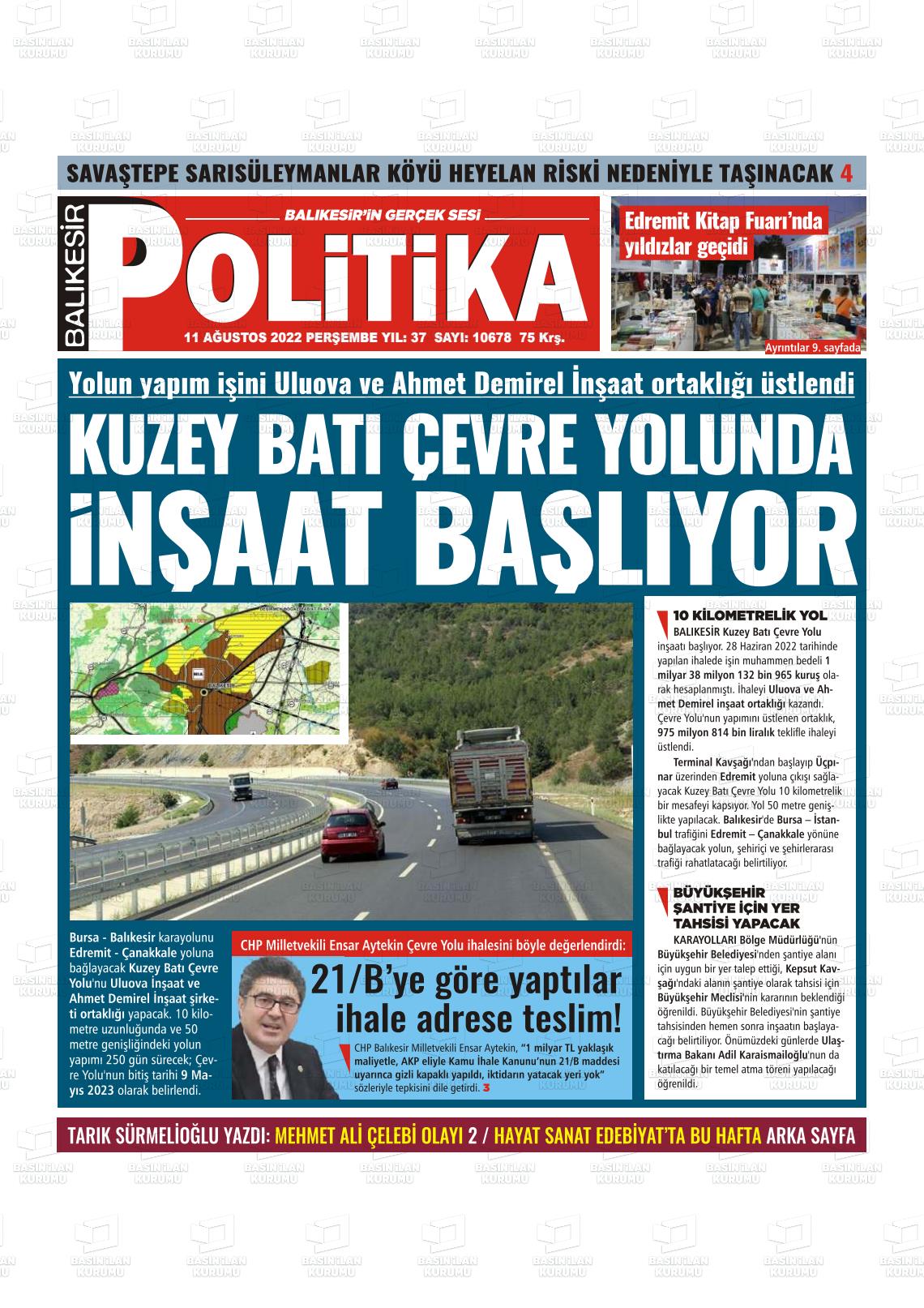 11 Ağustos 2022 Balıkesir Politika Gazete Manşeti