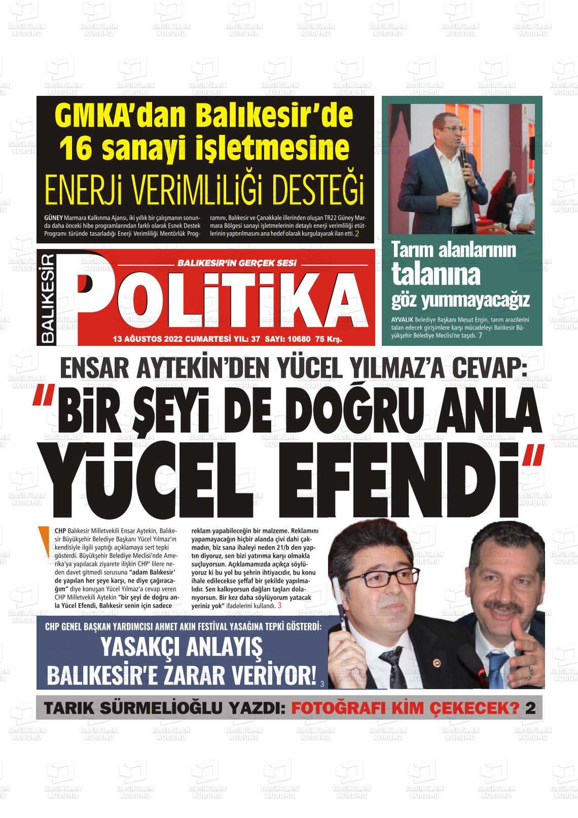 13 Ağustos 2022 Balıkesir Politika Gazete Manşeti