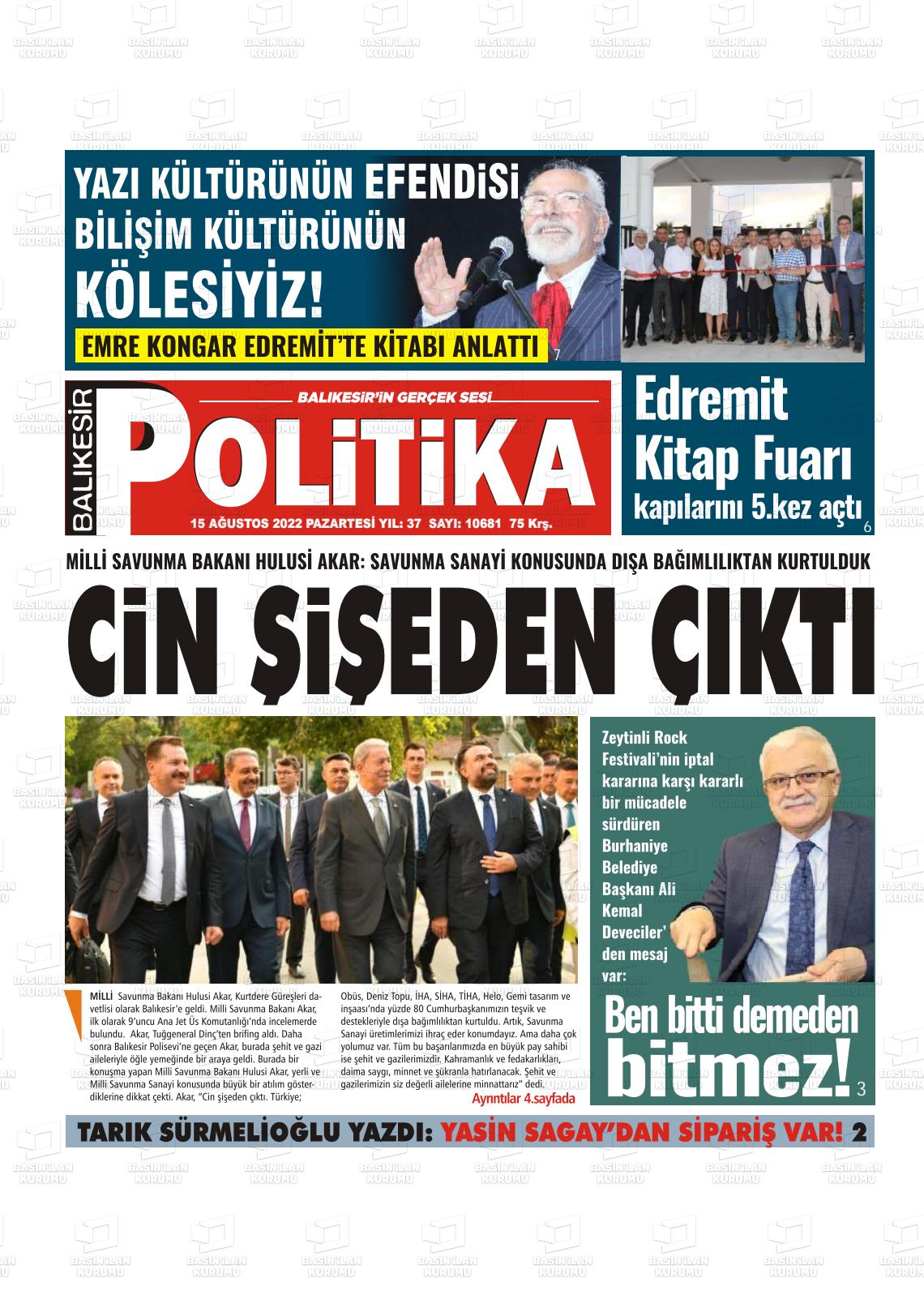 15 Ağustos 2022 Balıkesir Politika Gazete Manşeti