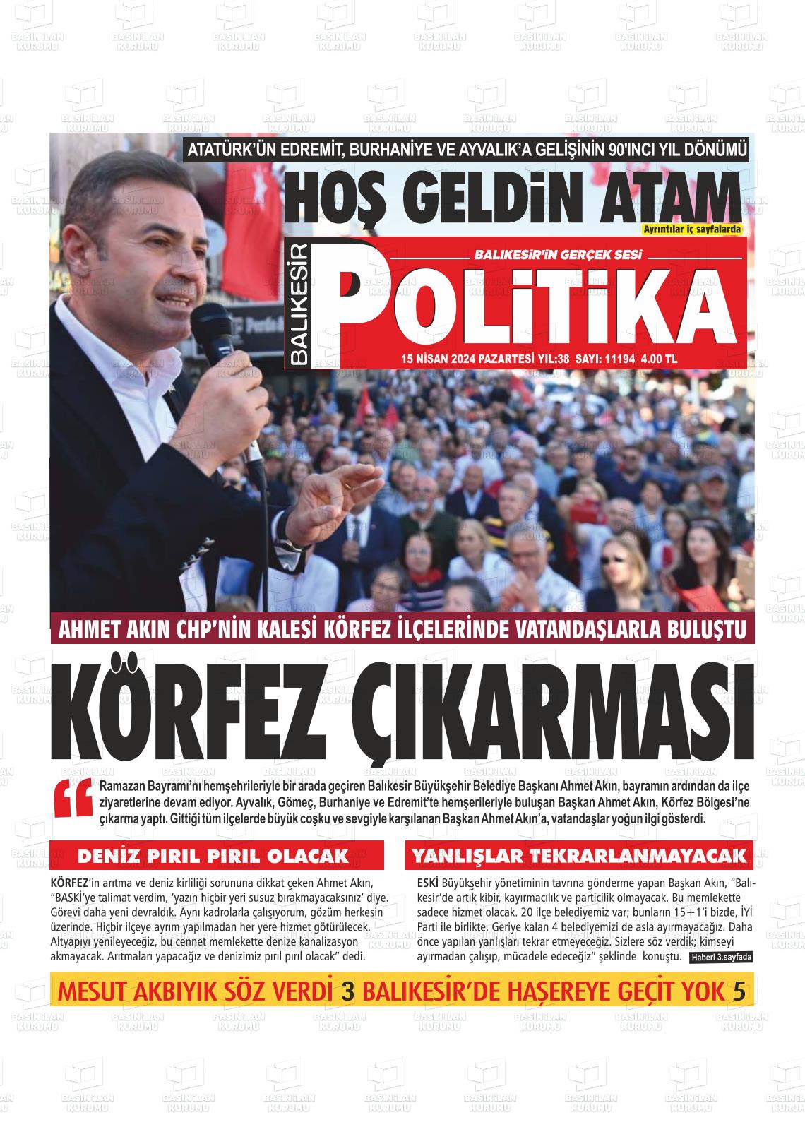 15 Nisan 2024 Balıkesir Politika Gazete Manşeti