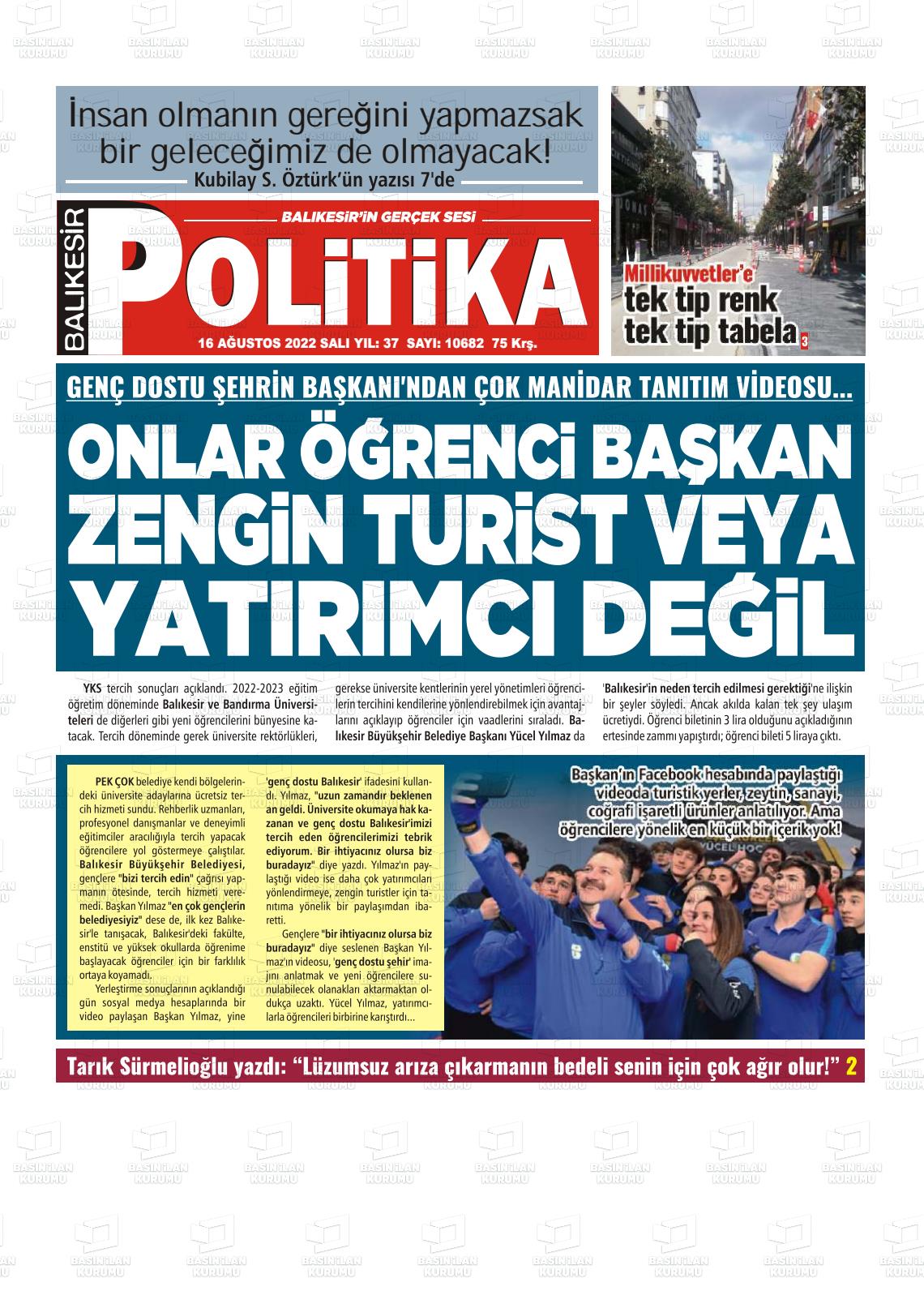16 Ağustos 2022 Balıkesir Politika Gazete Manşeti