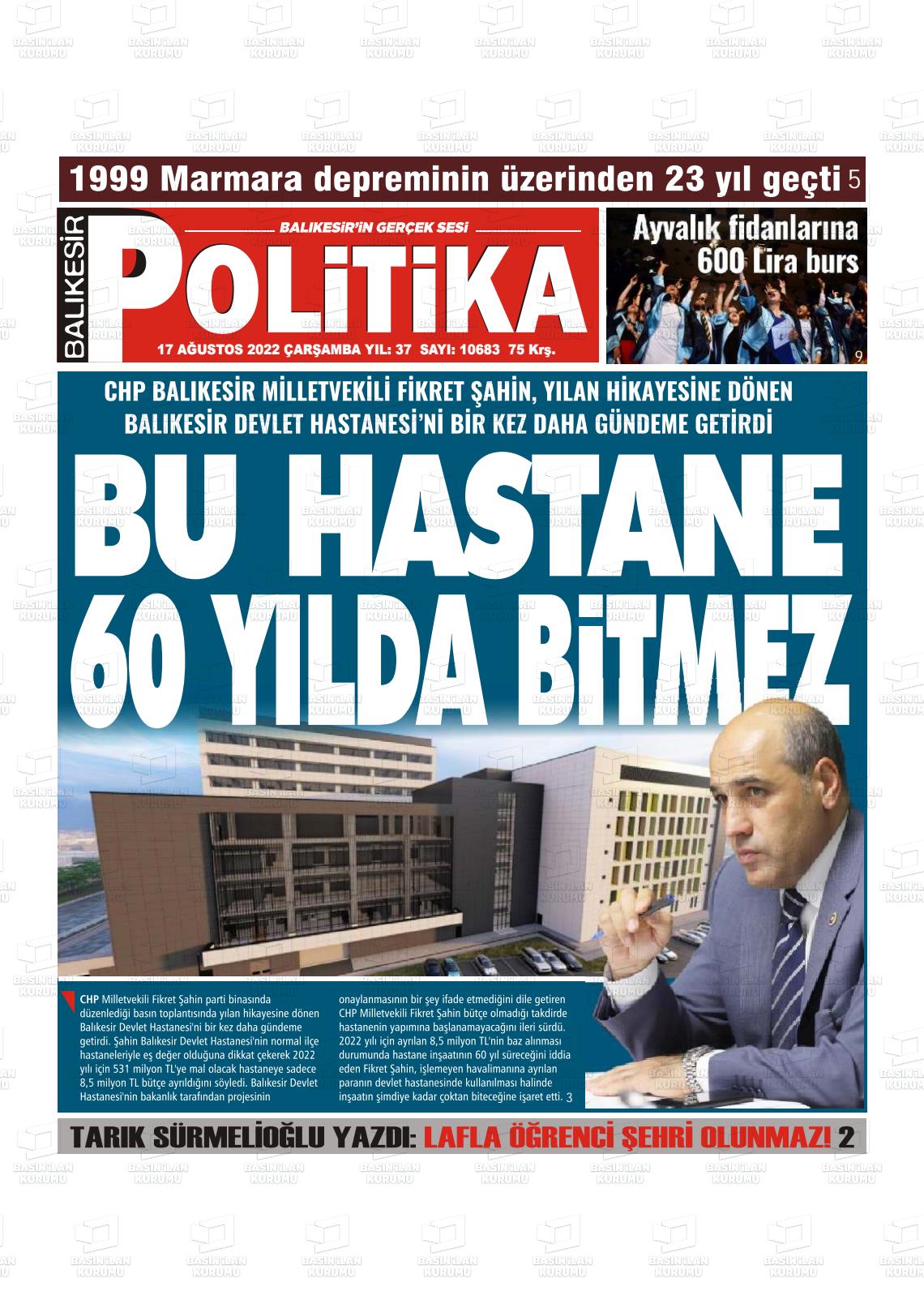 17 Ağustos 2022 Balıkesir Politika Gazete Manşeti