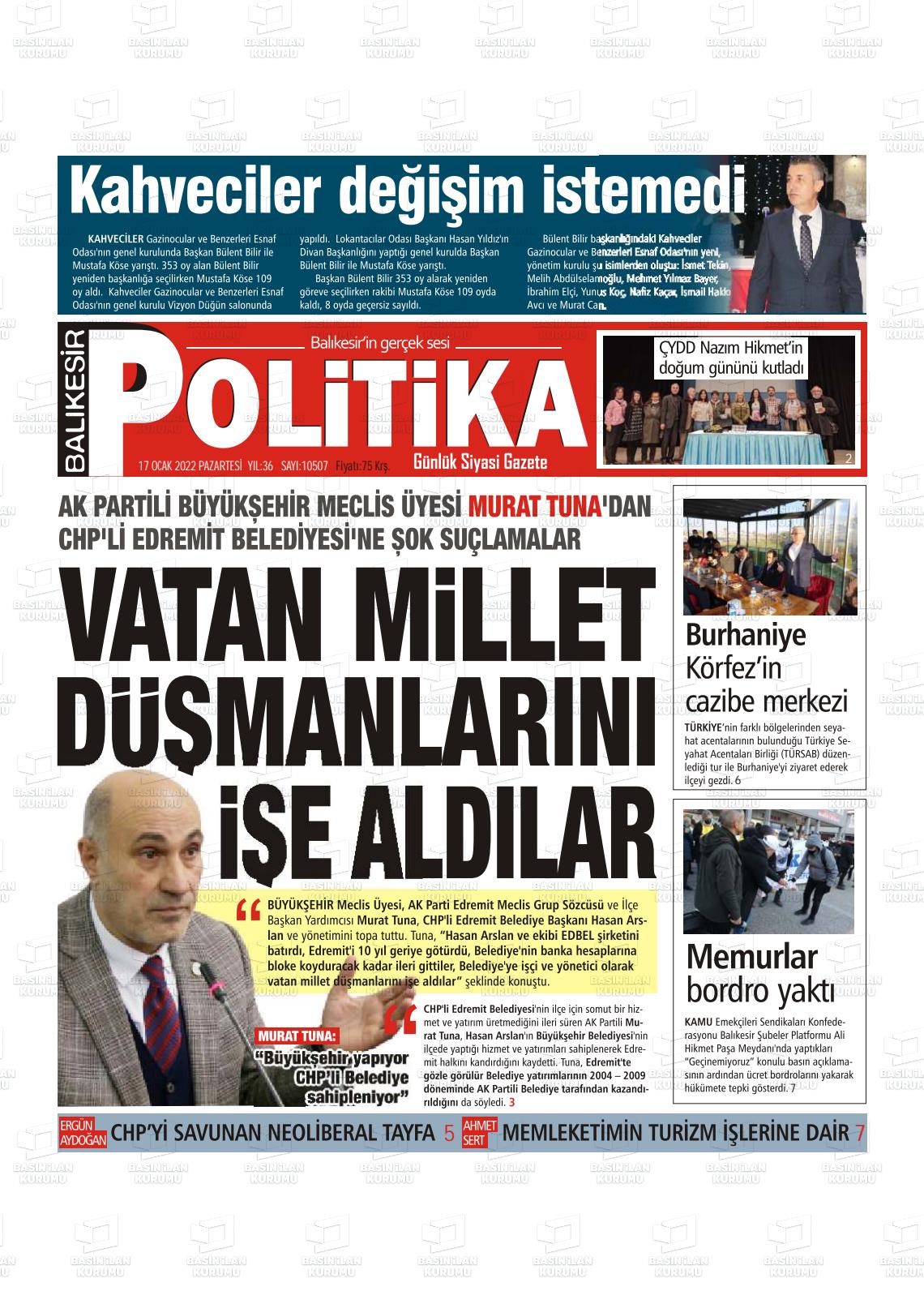 17 Ocak 2022 Balıkesir Politika Gazete Manşeti