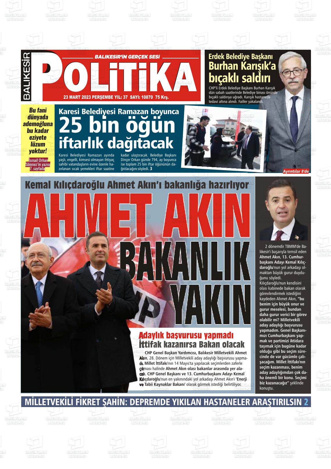 23 Mart 2023 Balıkesir Politika Gazete Manşeti