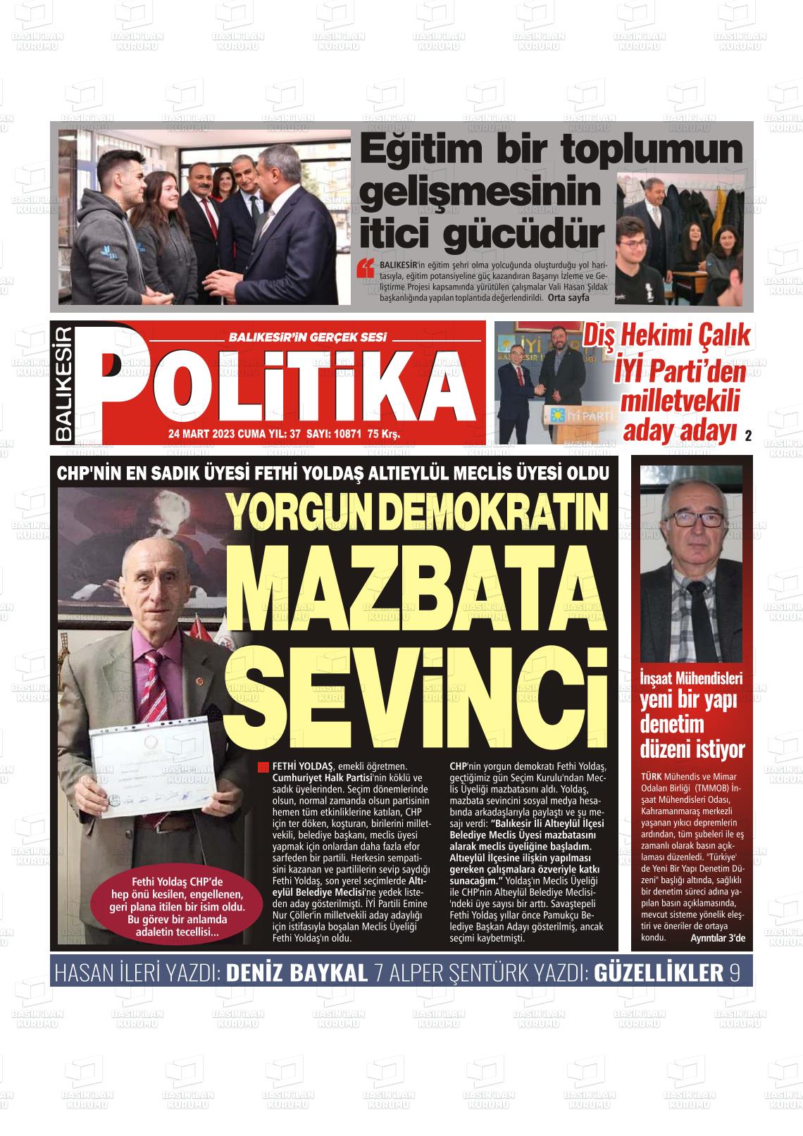 24 Mart 2023 Balıkesir Politika Gazete Manşeti
