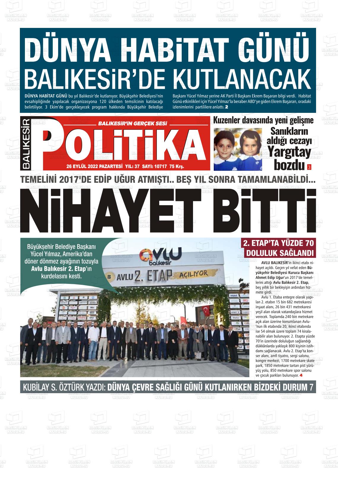 26 Eylül 2022 Balıkesir Politika Gazete Manşeti