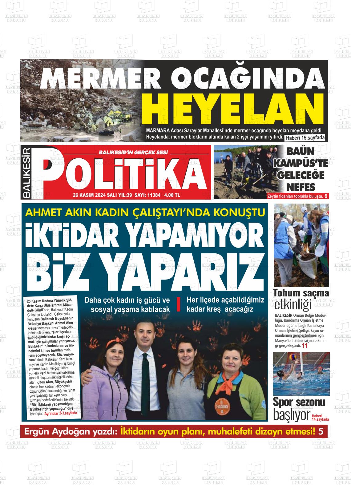 26 Kasım 2024 Balıkesir Politika Gazete Manşeti