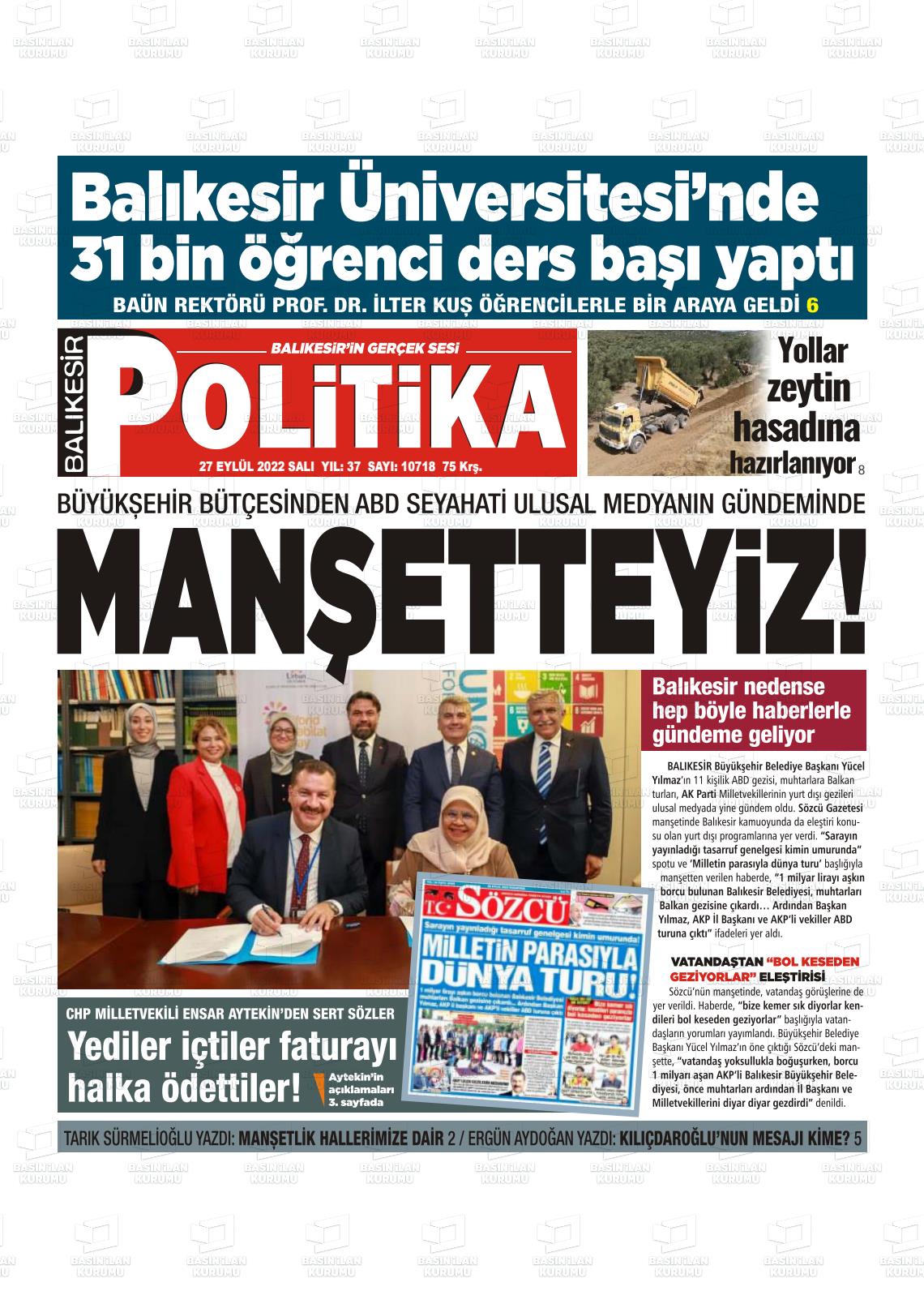 27 Eylül 2022 Balıkesir Politika Gazete Manşeti