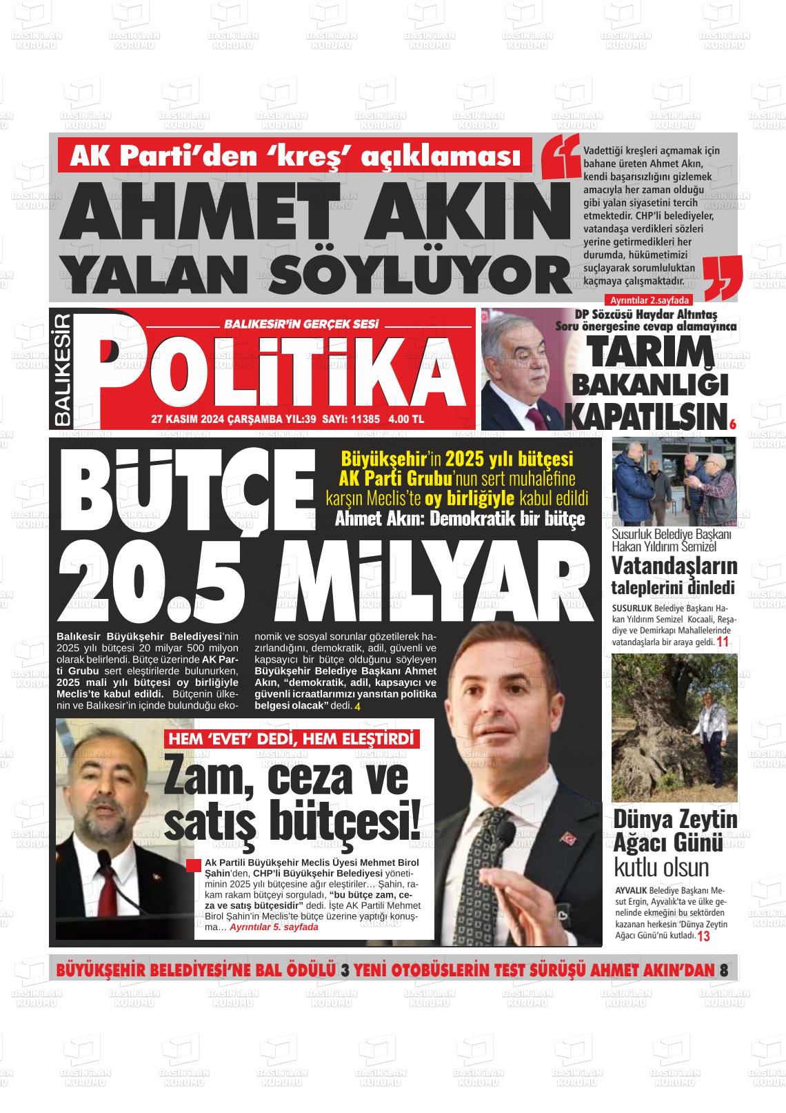 27 Kasım 2024 Balıkesir Politika Gazete Manşeti