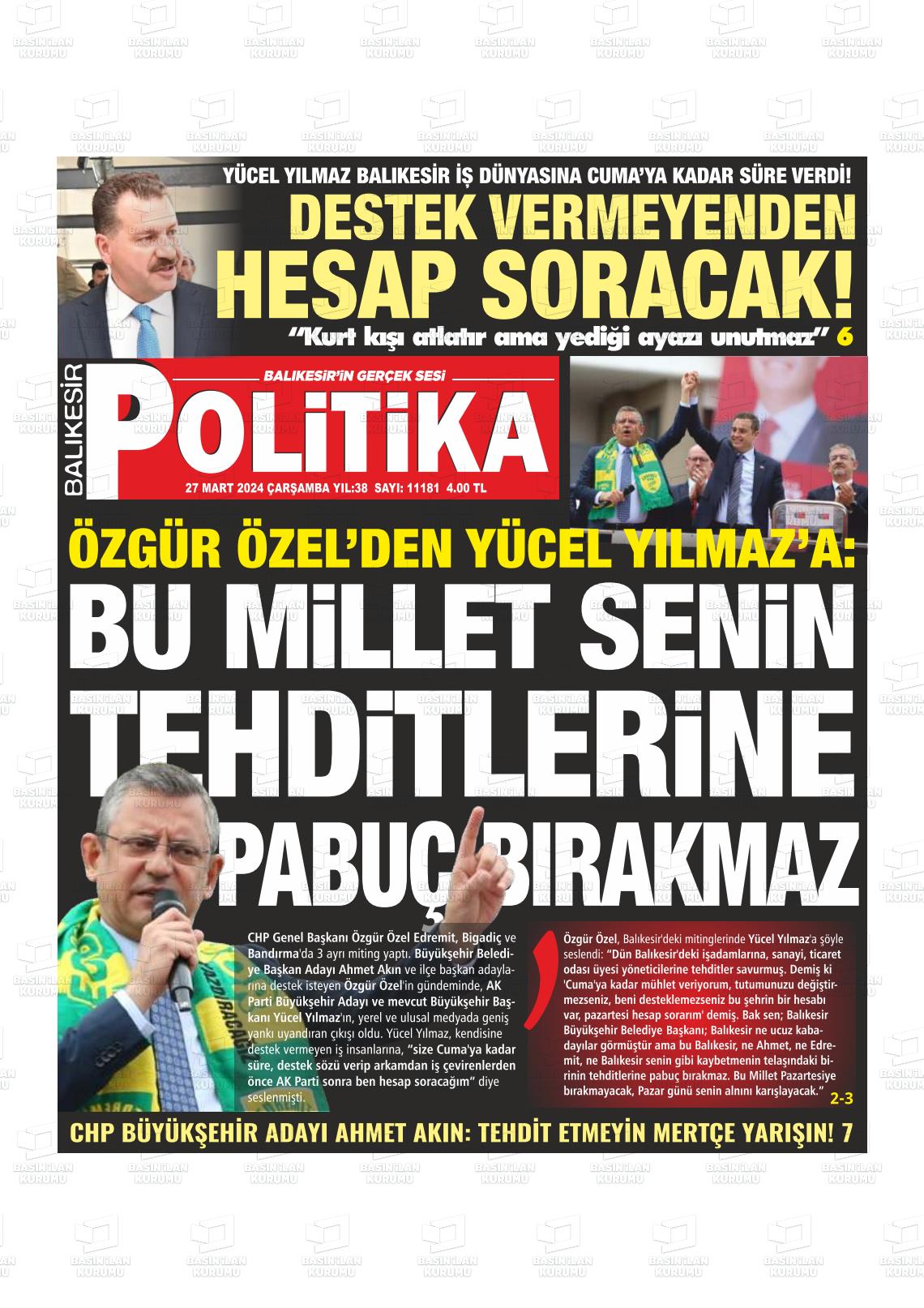 27 Mart 2024 Balıkesir Politika Gazete Manşeti