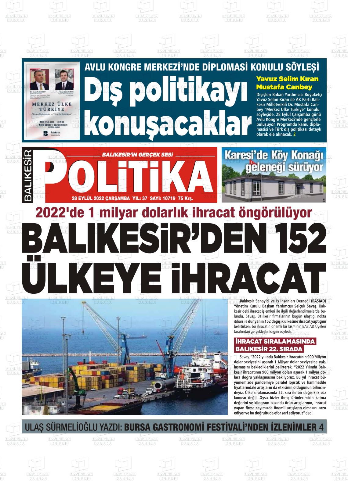 28 Eylül 2022 Balıkesir Politika Gazete Manşeti
