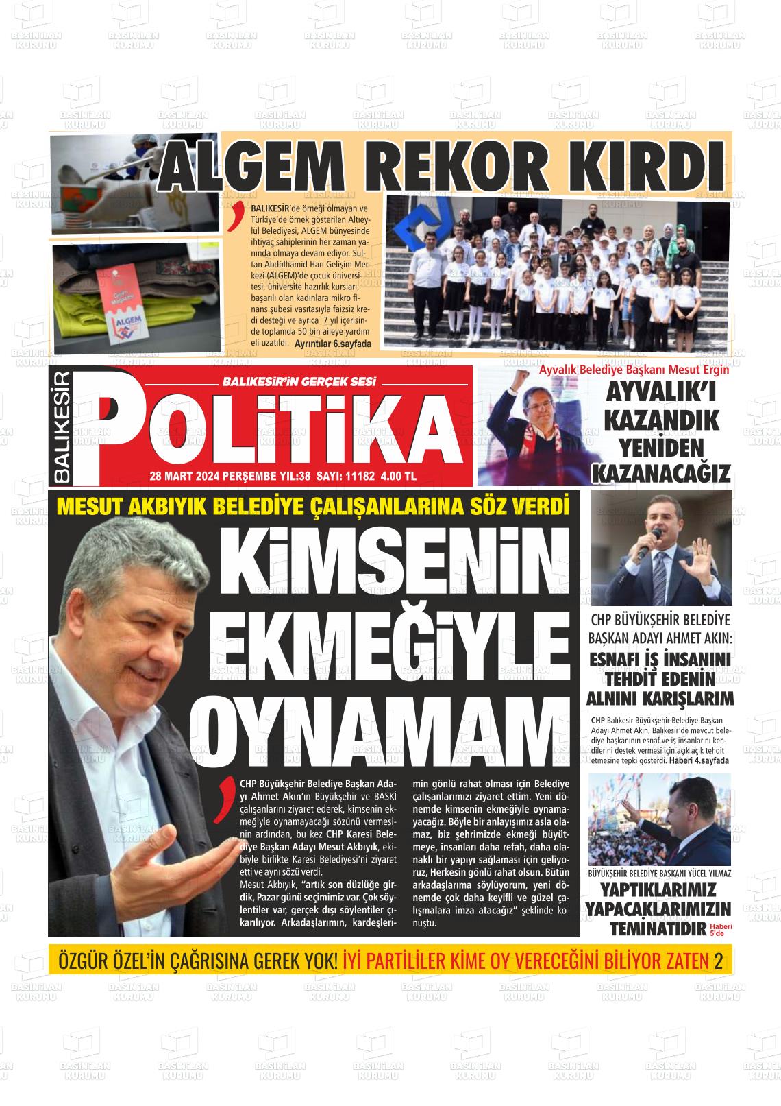 28 Mart 2024 Balıkesir Politika Gazete Manşeti