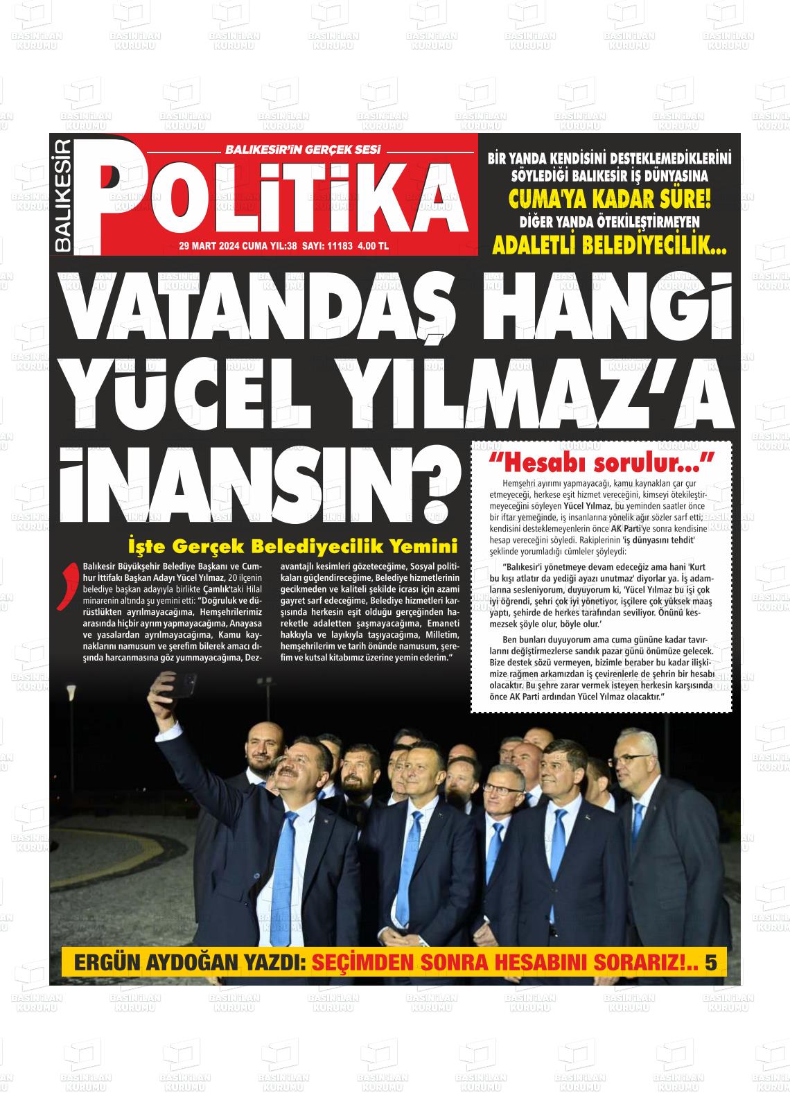 29 Mart 2024 Balıkesir Politika Gazete Manşeti