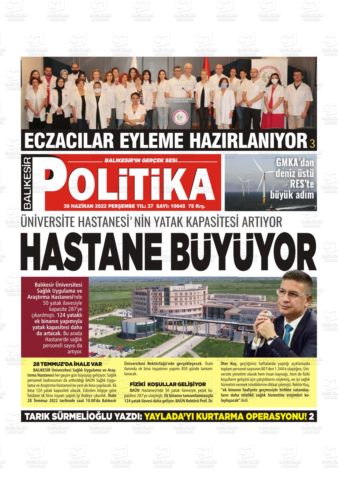 01 Temmuz 2022 Balıkesir Politika Gazete Manşeti